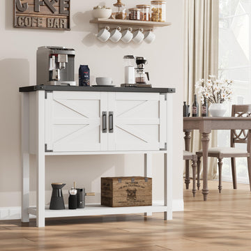 Tavolo consolle Garvee Farmhouse con 2 ante, in legno, robusto e antiinnesto, bianco-nero, 32 persone, per cucina e soggiorno