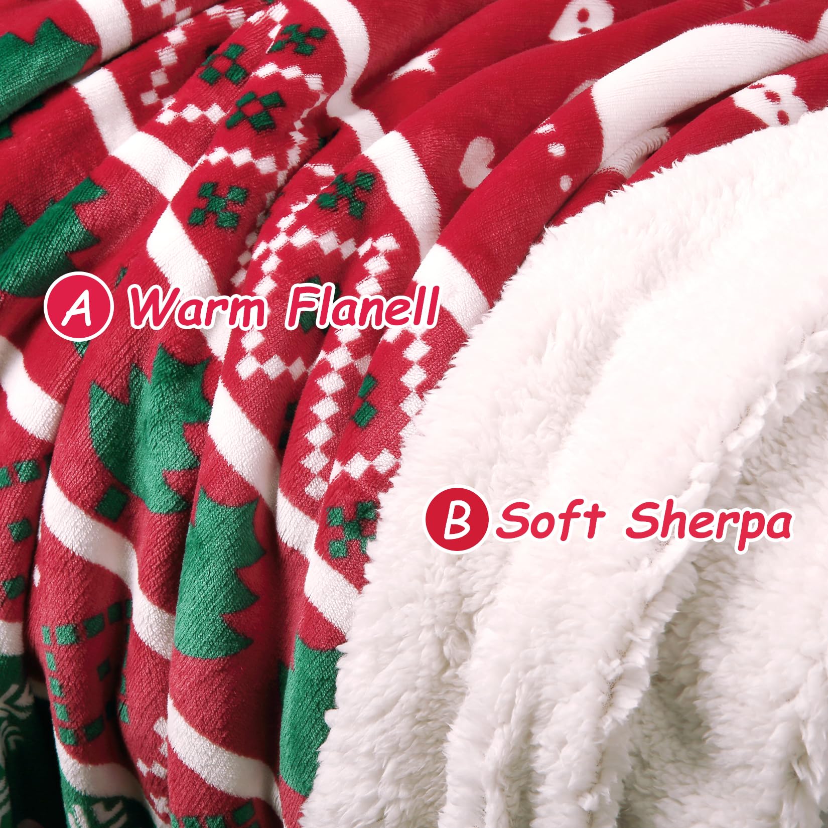 Coperta natalizia Garvee in flanella Sherpa 50x60, rossa, verde, calda e accogliente, reversibile, decorazione per divano.
