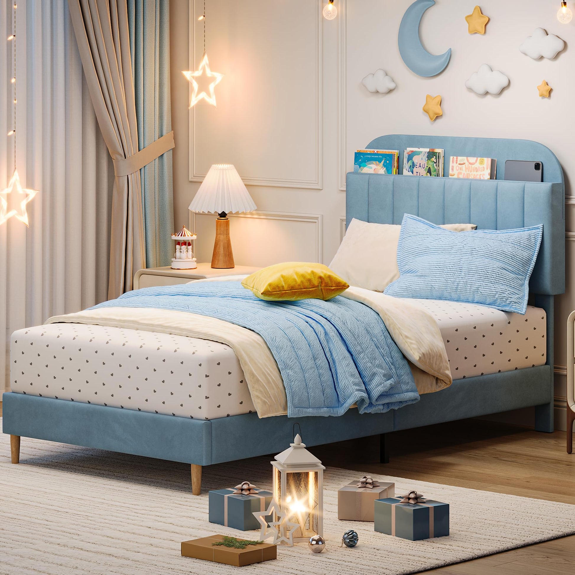 Struttura per letto singolo Garvee con libreria, velluto, robusta struttura in acciaio, silenziosa, blu per cameretta dei bambini