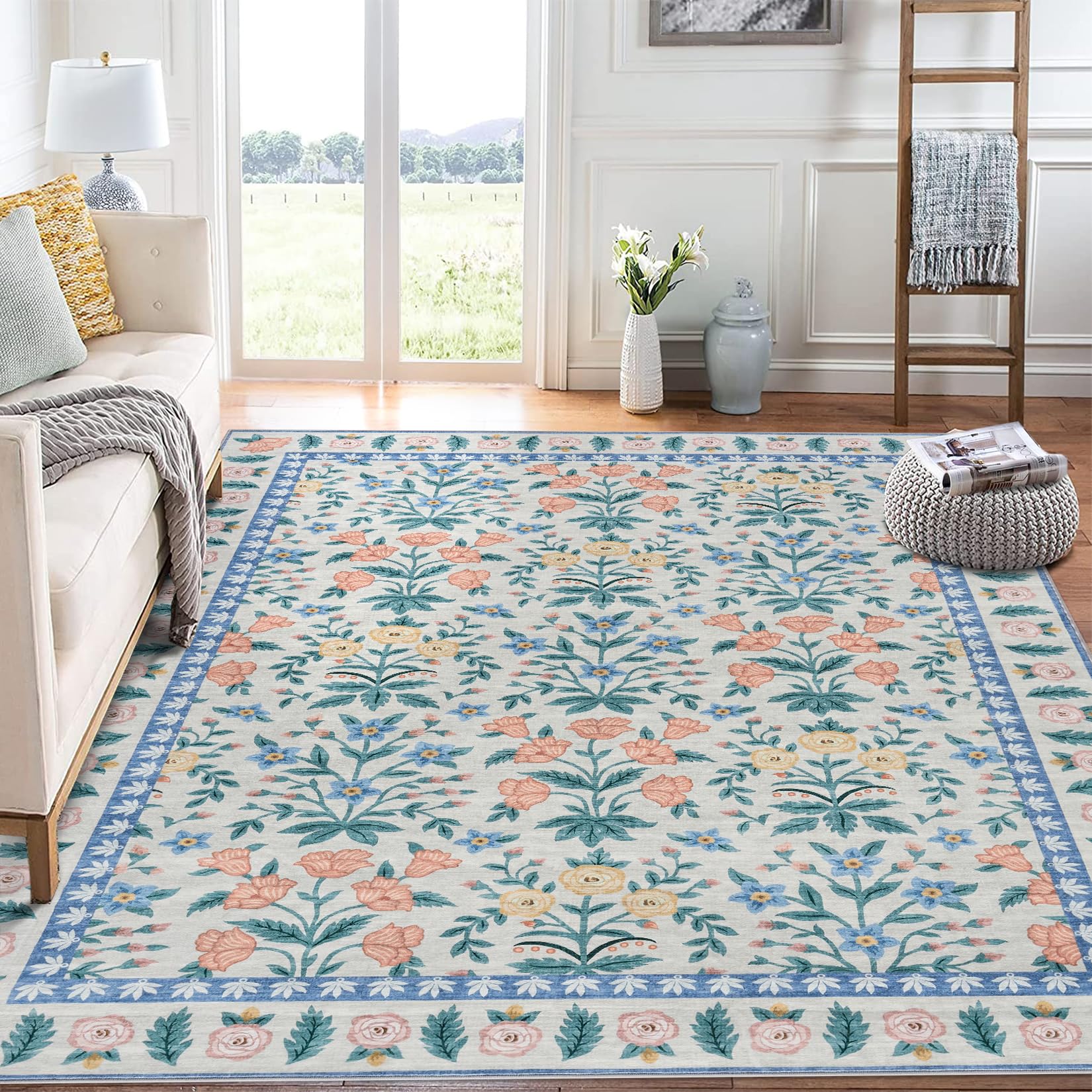Tappeto decorativo Garvee per interni Boho, motivo floreale nero, 200x290 cm, antiscivolo, a pelo corto, per soggiorno, cameretta dei bambini, sala giochi