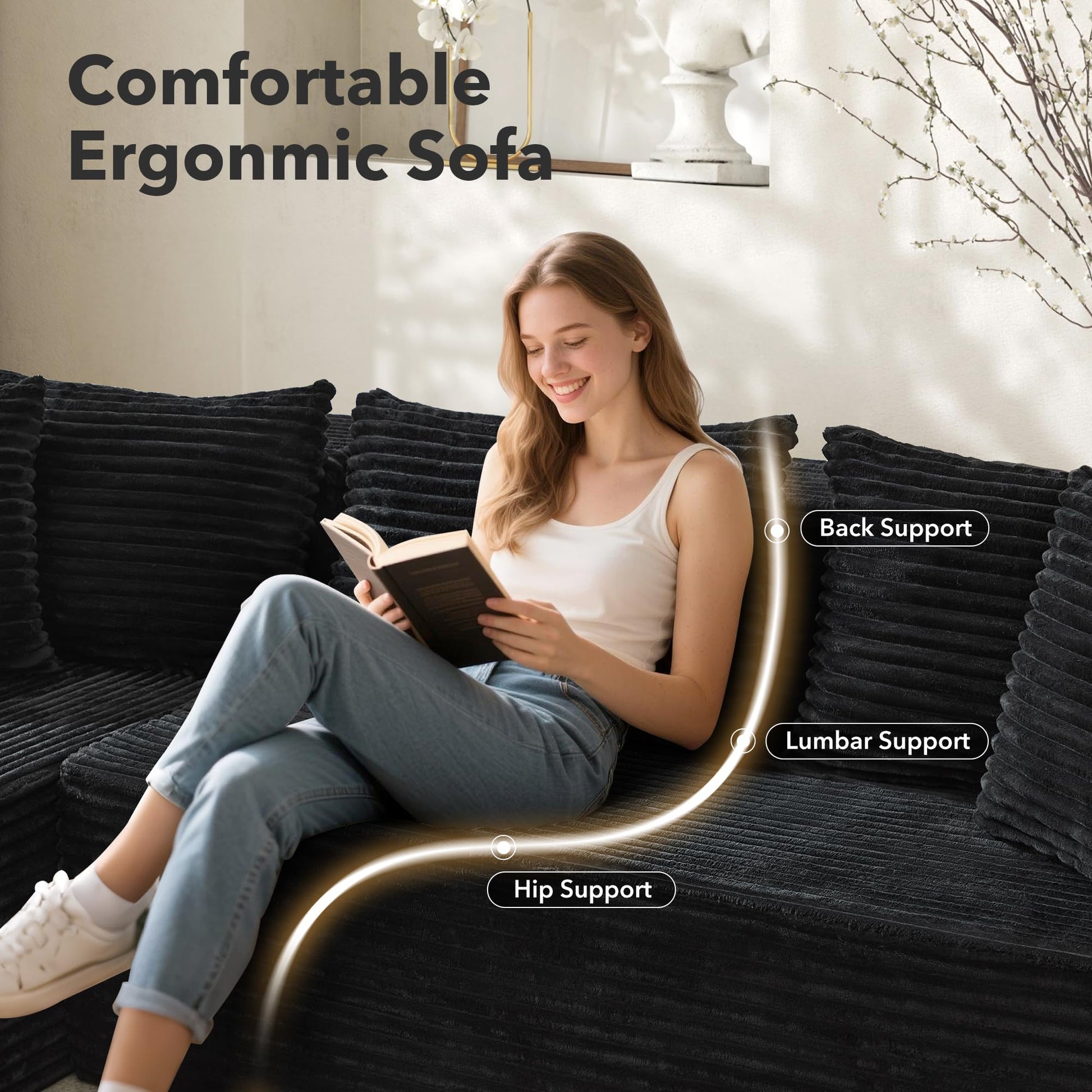 Divano componibile Garvee Cloud da 106" a forma di L, chaise longue in velluto a coste, modulare, soggiorno, camera da letto, seduta profonda, comfort, beige