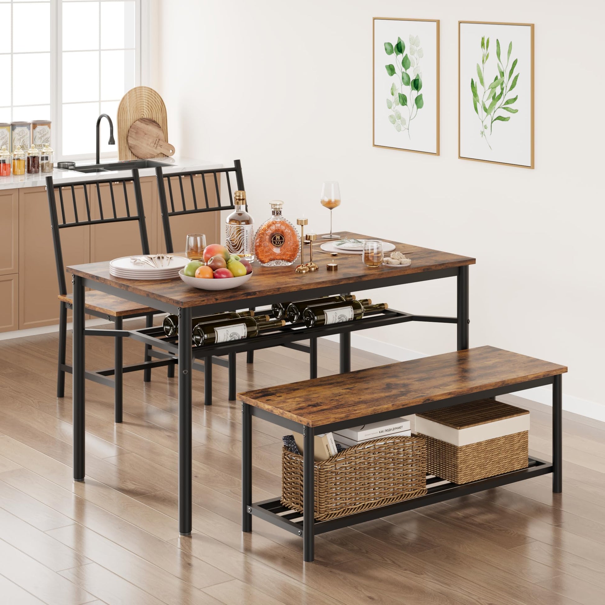 Set da pranzo Garvee per 4 persone con portabottiglie, tavolo rettangolare marrone retrò, MDF e acciaio, salvaspazio, ideale per appartamenti