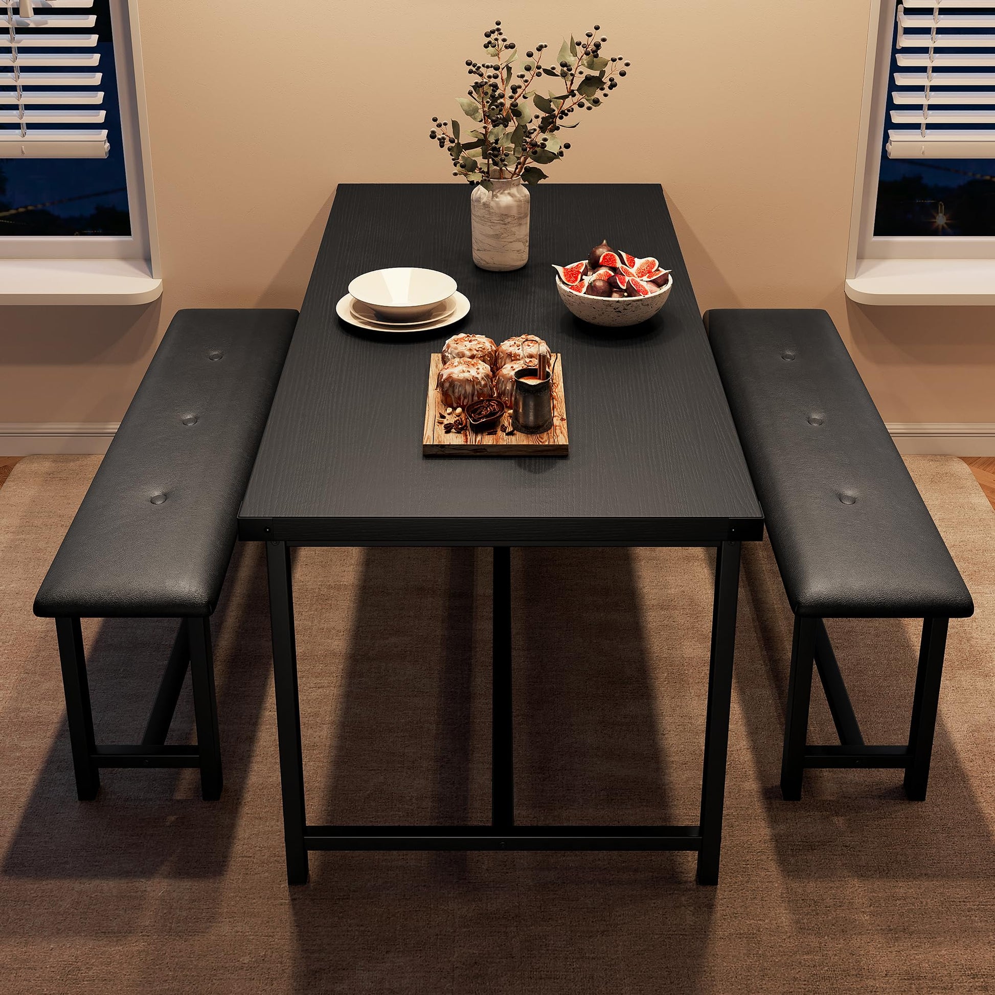 Set da pranzo Garvee per 4 persone con 2 panche imbottite, MDF e acciaio, robusta struttura a forma di H, idrorepellente, salvaspazio, ideale per piccoli appartamenti