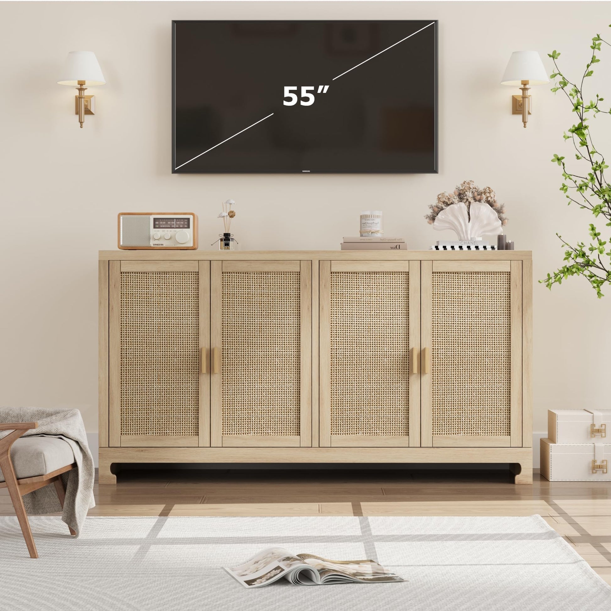Mobiletto portaoggetti moderno in stile boho Garvee da 40 pollici con ante in rattan intrecciato, ripiano regolabile per soggiorno e cucina, bianco marrone, compatto