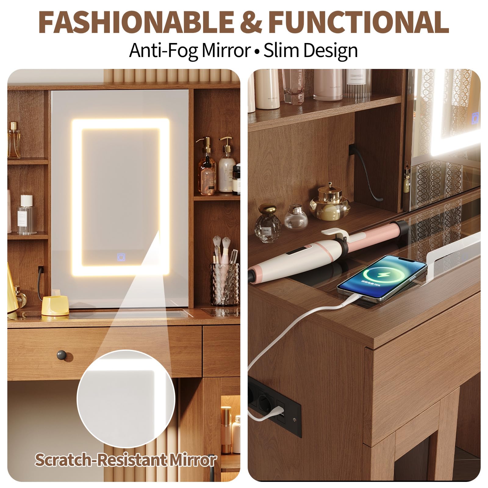Toeletta Garvee con specchio LED, prese e spazio di archiviazione per la camera da letto, color legno, illuminazione a 3 colori, 2 cassetti e 2 armadietti