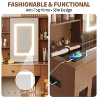 Toeletta Garvee con specchio LED, prese e spazio di archiviazione per la camera da letto, color legno, illuminazione a 3 colori, 2 cassetti e 2 armadietti