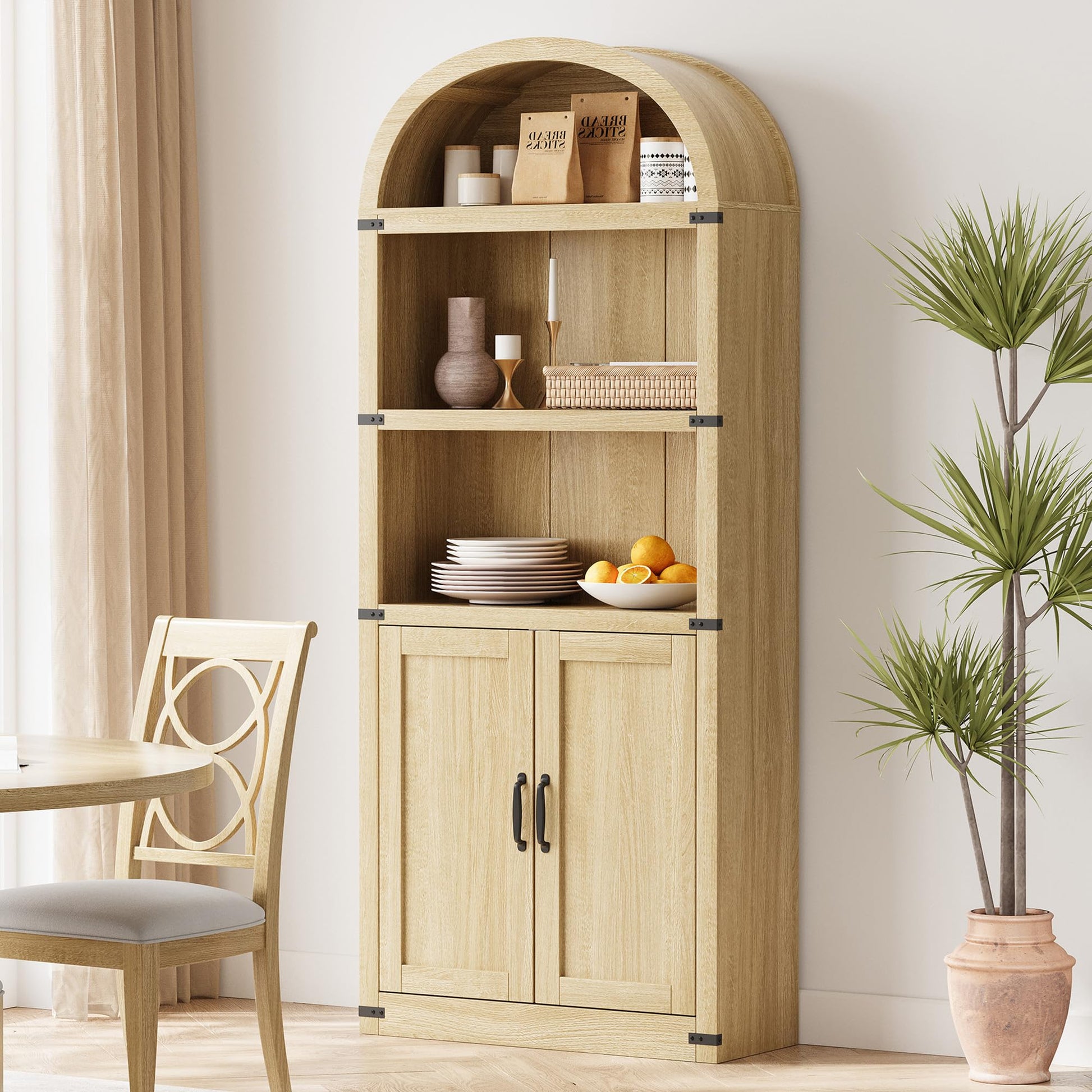 Libreria Garvee con ante, 71,65 pollici, stile fattoria, legno MDF, protezioni angolari in metallo, soggiorno e ufficio, colori legno naturale