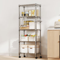 Scaffale portaoggetti in metallo Garvee, 5 ripiani con ruote, capacità di carico 1100 libbre, ripiani in filo metallico regolabili, acciaio, argento, per cucina e garage, 61 A x 23,6 P x 11,8 L