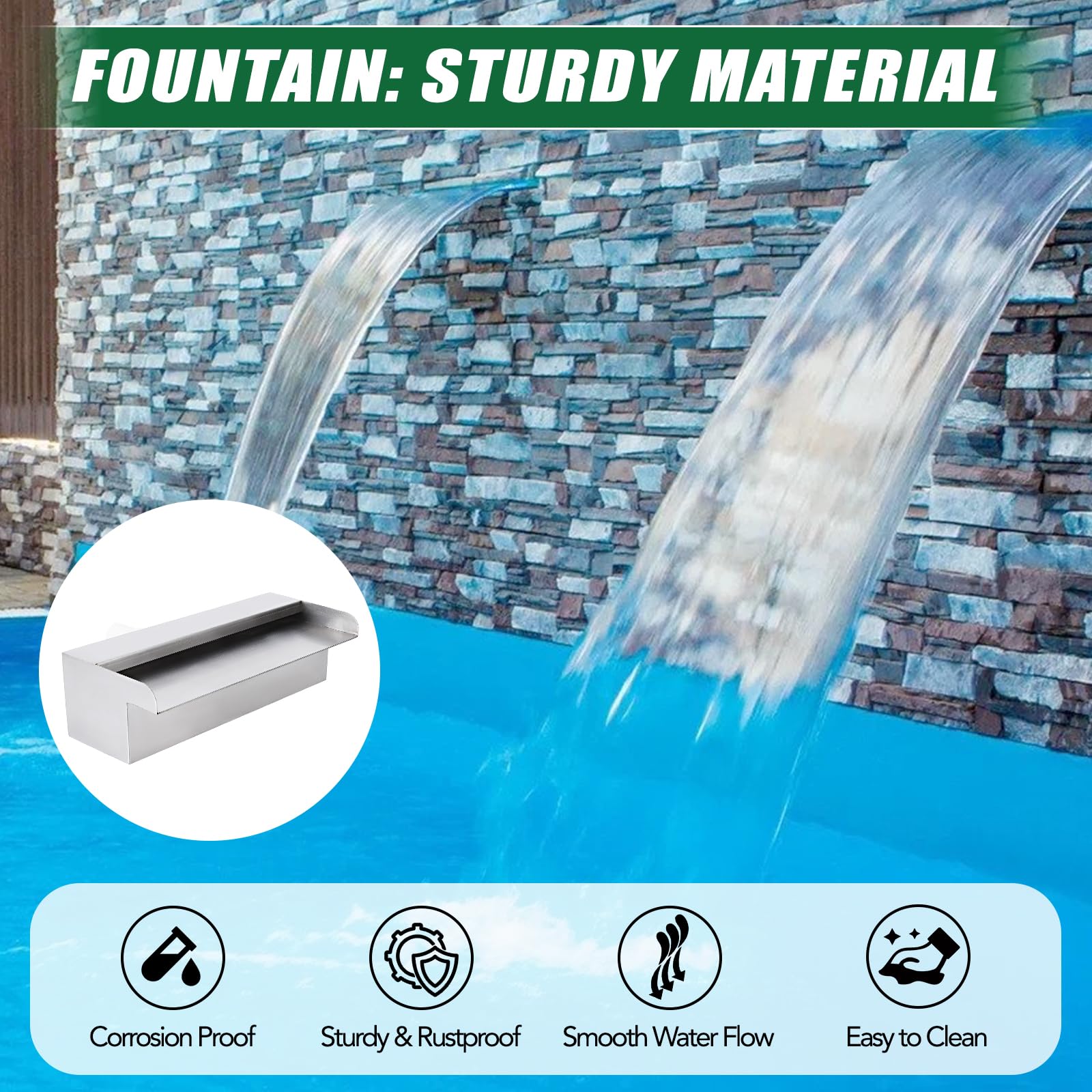 Fontana per piscina Garvee in acciaio inox con cascata, 45 x 11,4 x 8 cm, antiruggine, per giardino e piscina