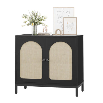Credenza in rattan Garvee con ante in rattan, ripiani regolabili, truciolato, piedini in metallo per sala da pranzo e corridoio, colori naturali