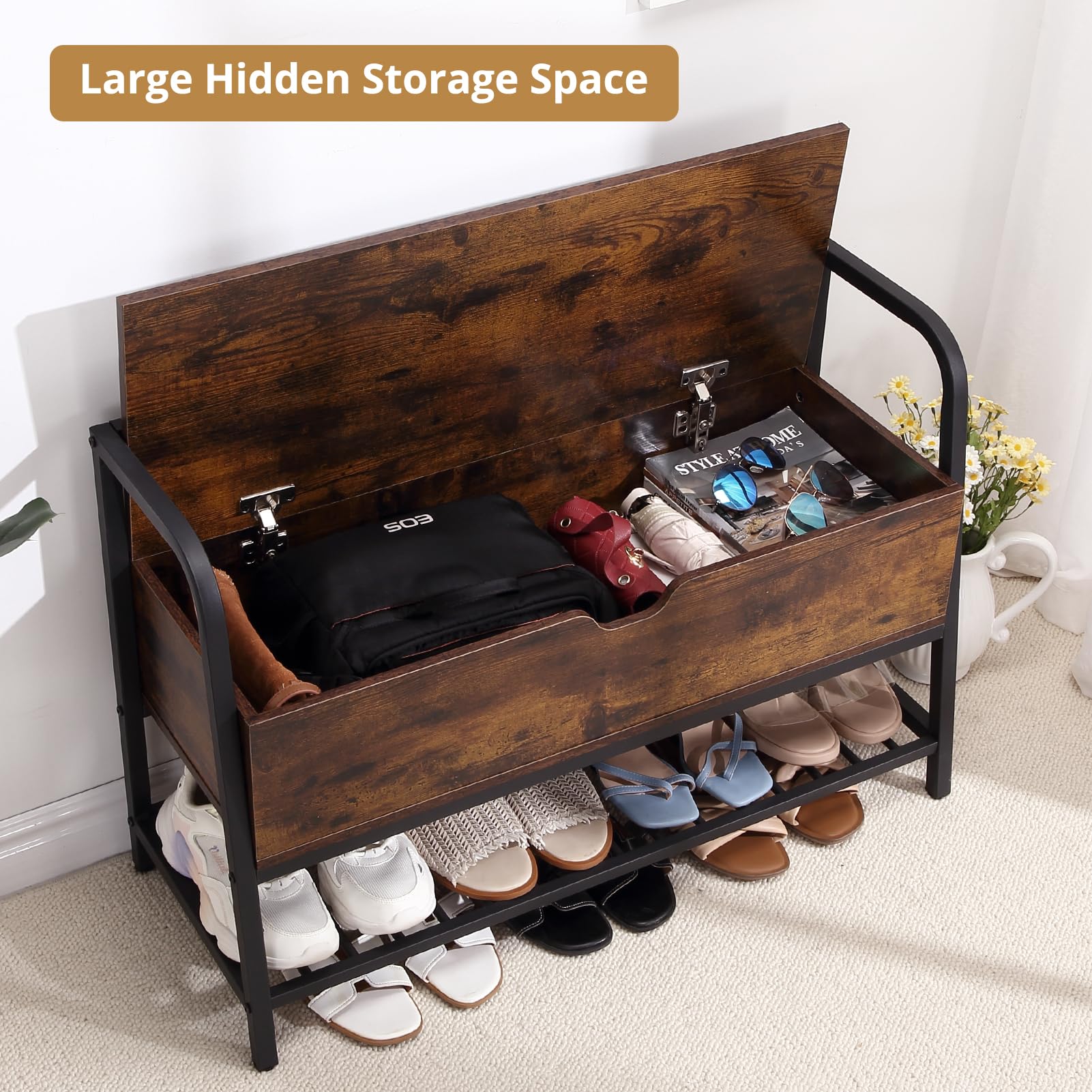 Panca portascarpe da ingresso Garvee con struttura in metallo e melamina, contenitore con piano sollevabile, robusta, versatile, compatta per corridoio e camera da letto, nera