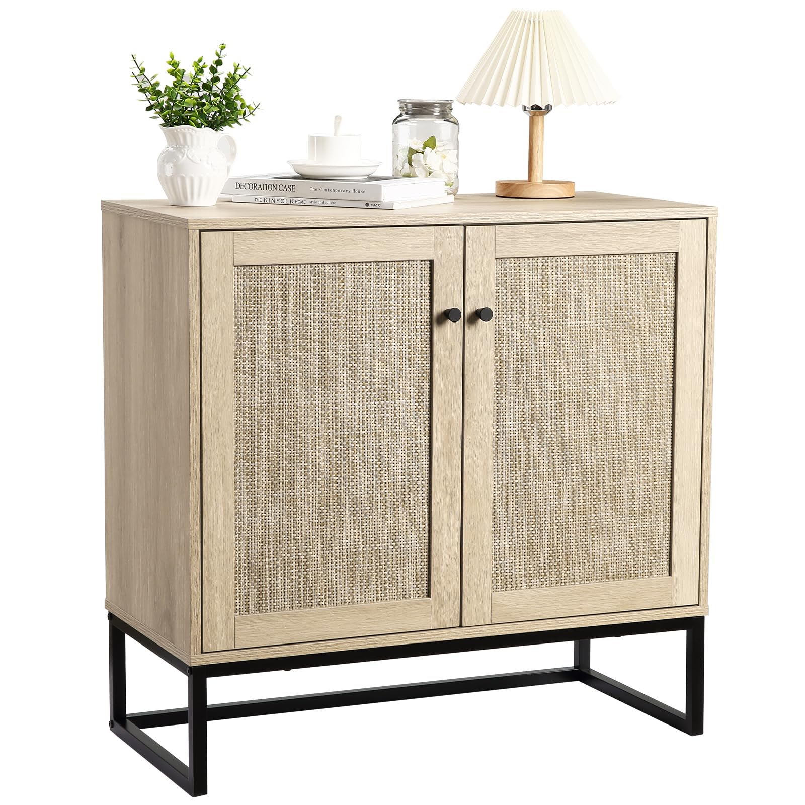 Credenza Garvee, mobiletto portaoggetti in rattan con ripiani regolabili e gambe in metallo per soggiorno e cucina, 31,5"x15"x30,7" marrone chiaro