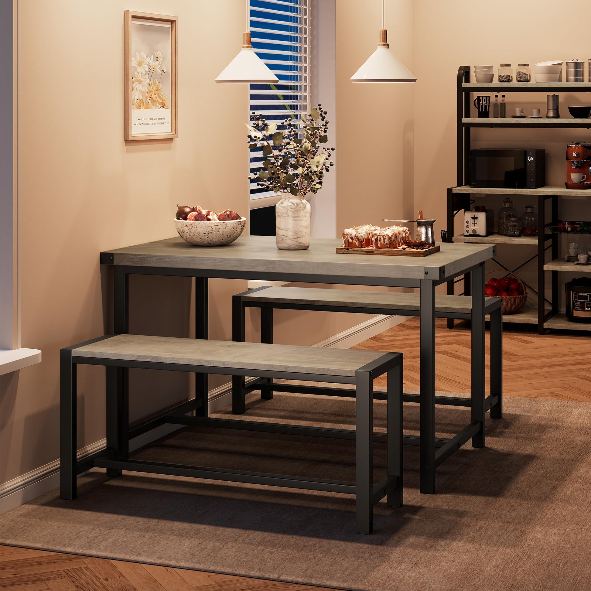 Set da pranzo Garvee per 4 persone con 2 panche, robusto MDF e acciaio, grigio, cucina e sala da pranzo, salvaspazio