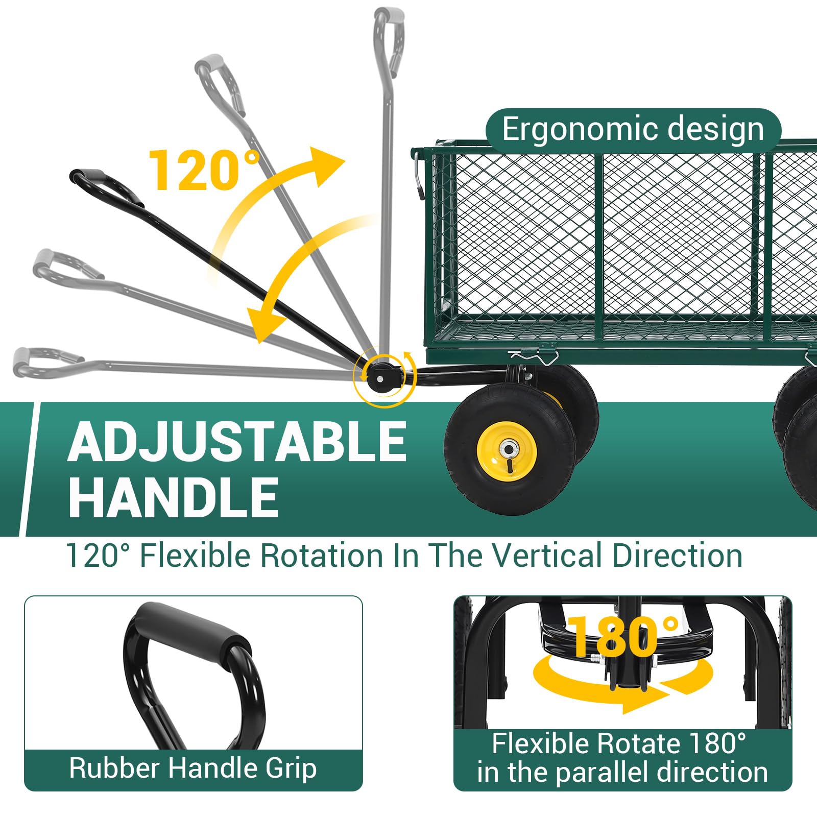 Carrello da Giardino in Acciaio Garvee per Festa del Papà | Capacità 1100 libbre, Maniglia 180° Girevole, Pneumatici 10", Lati Rimovibili, Robusto per Cortile