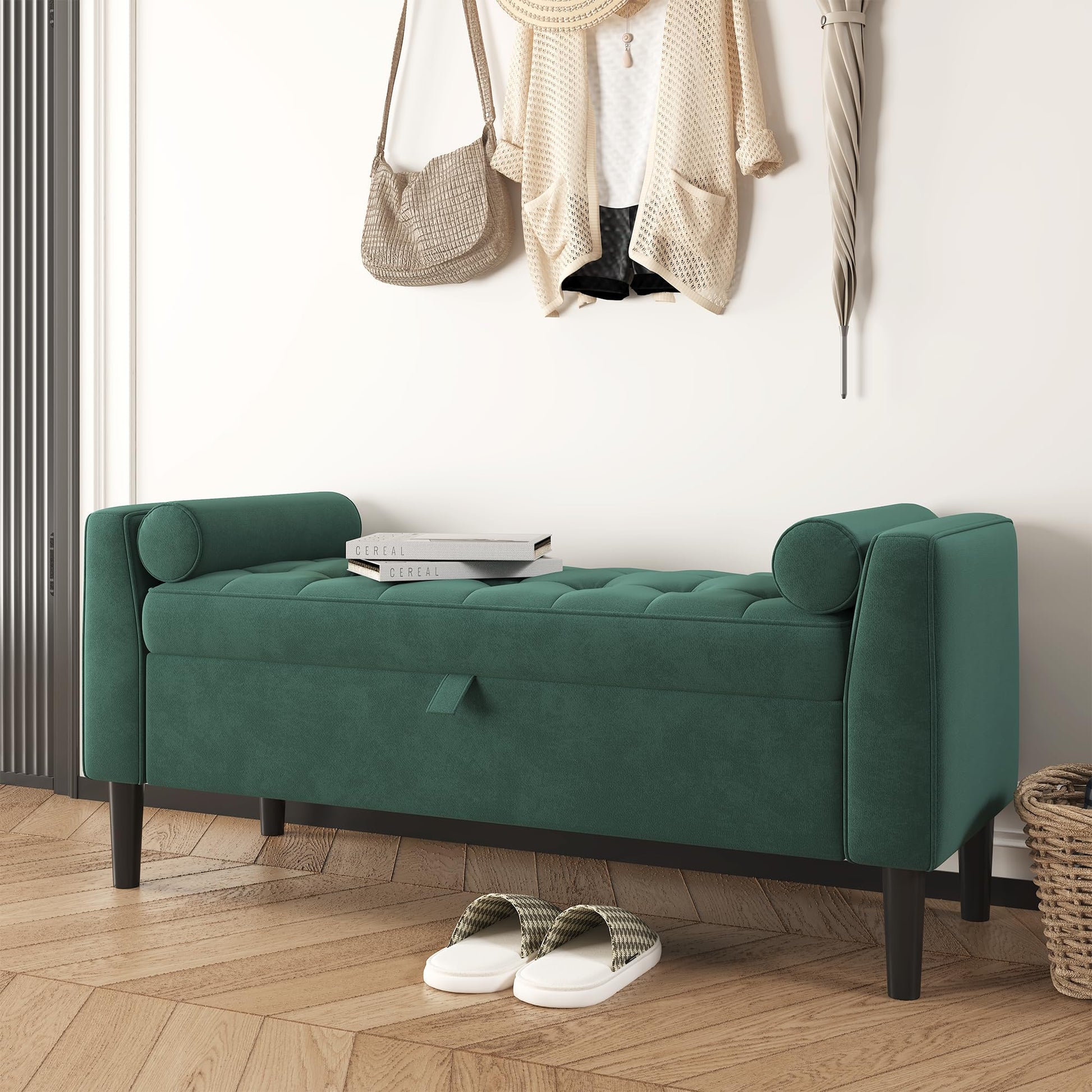 Panca ottomana Garvee con contenitore, imbottita, braccioli girevoli, verde, 46,5" per soggiorno e corridoio, struttura robusta