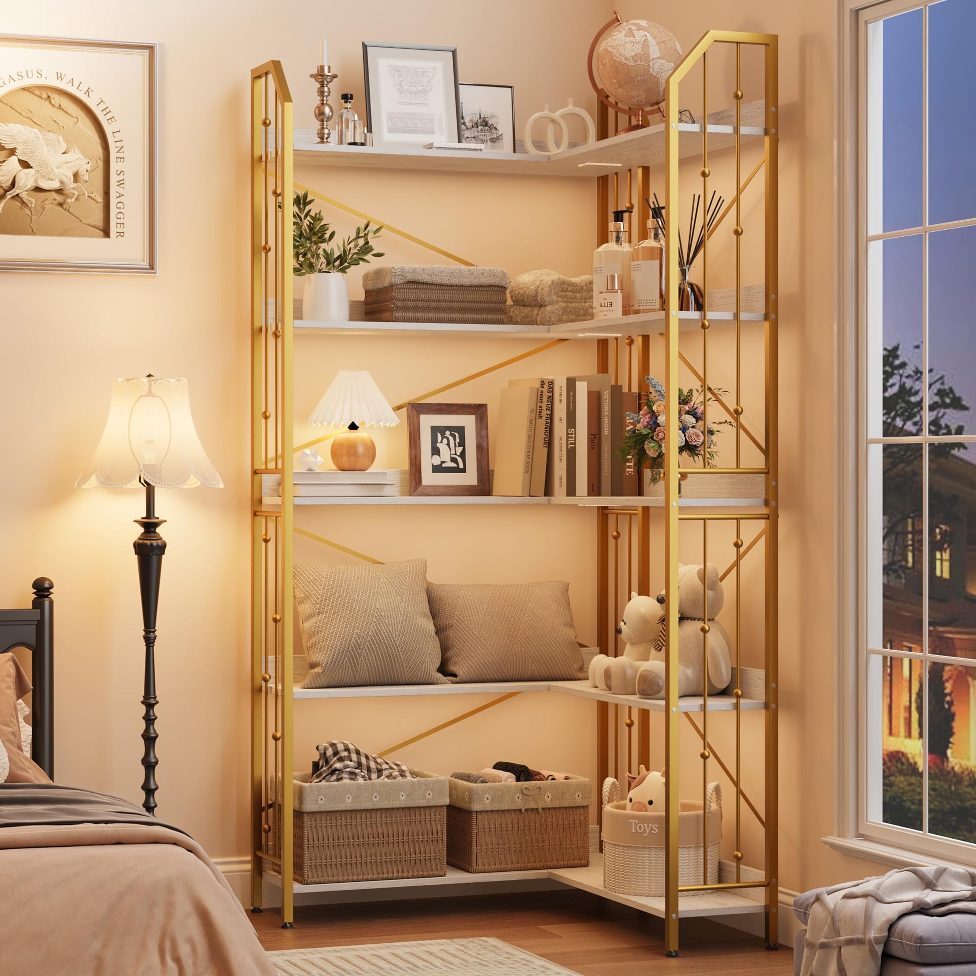 Mensola angolare Garvee da 72" a forma di L, libreria industriale in metallo e MDF, soggiorno, camera da letto, nero