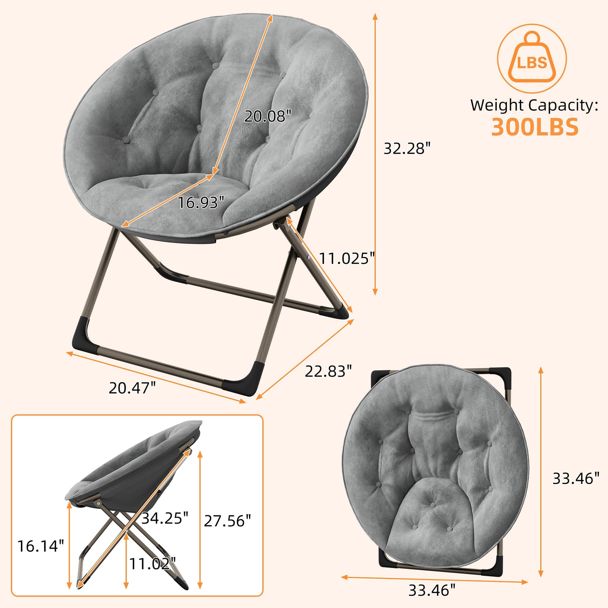 Sedia a forma di luna Garvee Saucer Chair con struttura in metallo pieghevole, fiore di peluche oversize, comoda e stabile per camera da letto e soggiorno, grigio