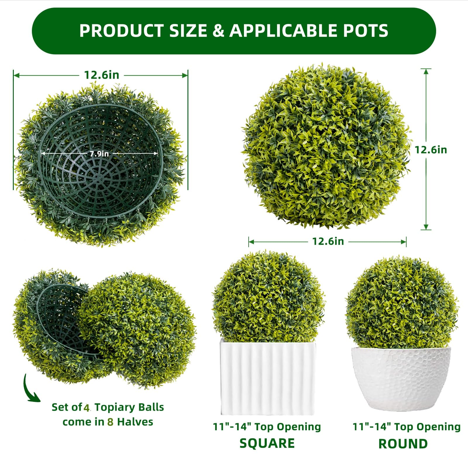 Garvee, set di 4 palline di bosso artificiale da 11,8 pollici, resistenti ai raggi UV, uso manuale, materiale PE, per giardino e ufficio, verde, con tutti i