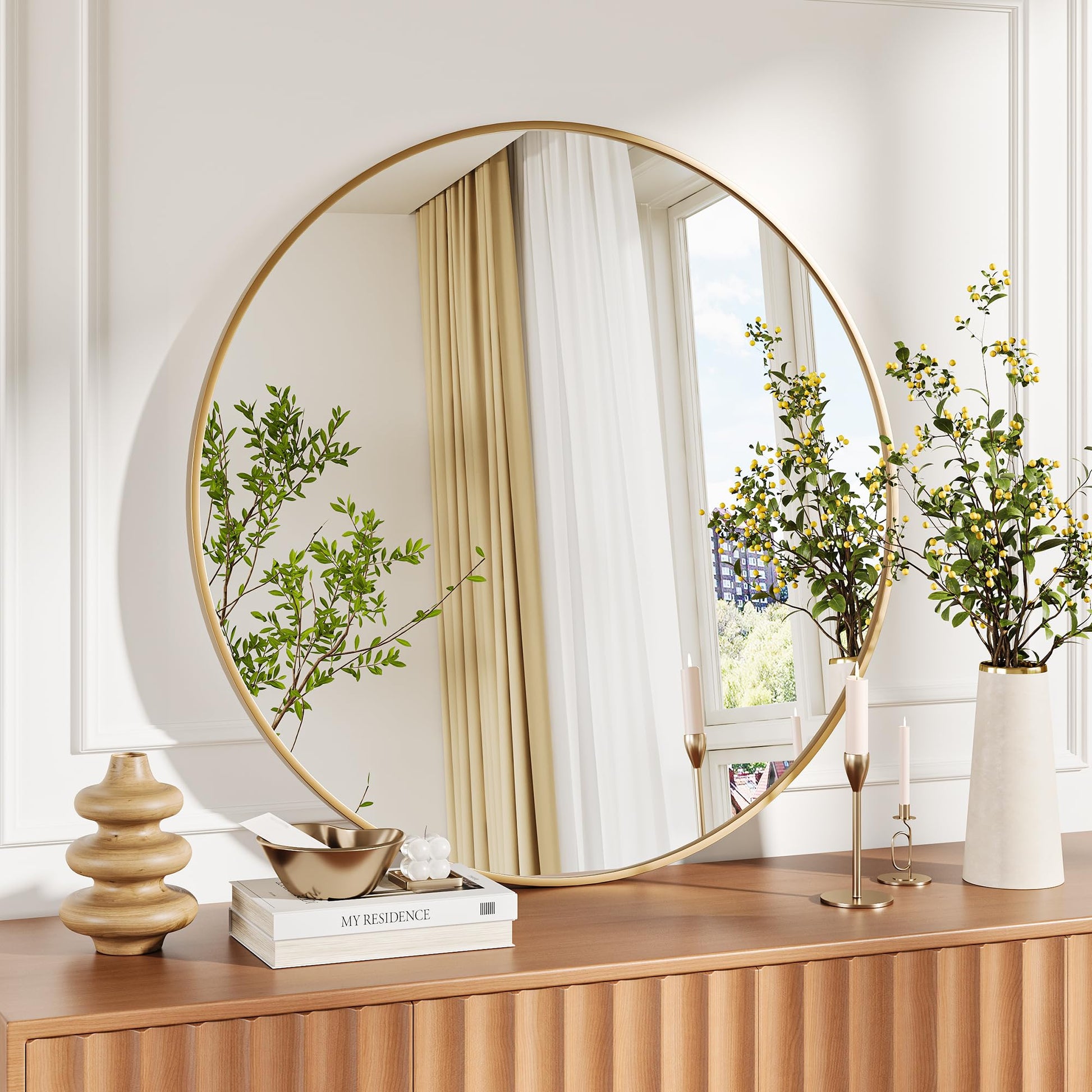 Specchio da parete rotondo Garvee da 36" color oro, cornice in metallo color oro opaco, per bagno e soggiorno, cerchio grande, vetro HD ecologico