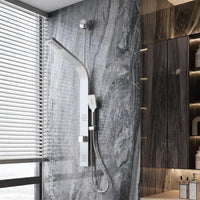 Sistema a torre con pannello doccia Garvee con pioggia e cascata, 2 getti laterali, doccetta a 3 funzioni, acciaio inossidabile, nichel spazzolato, montaggio a parete, bagno moderno