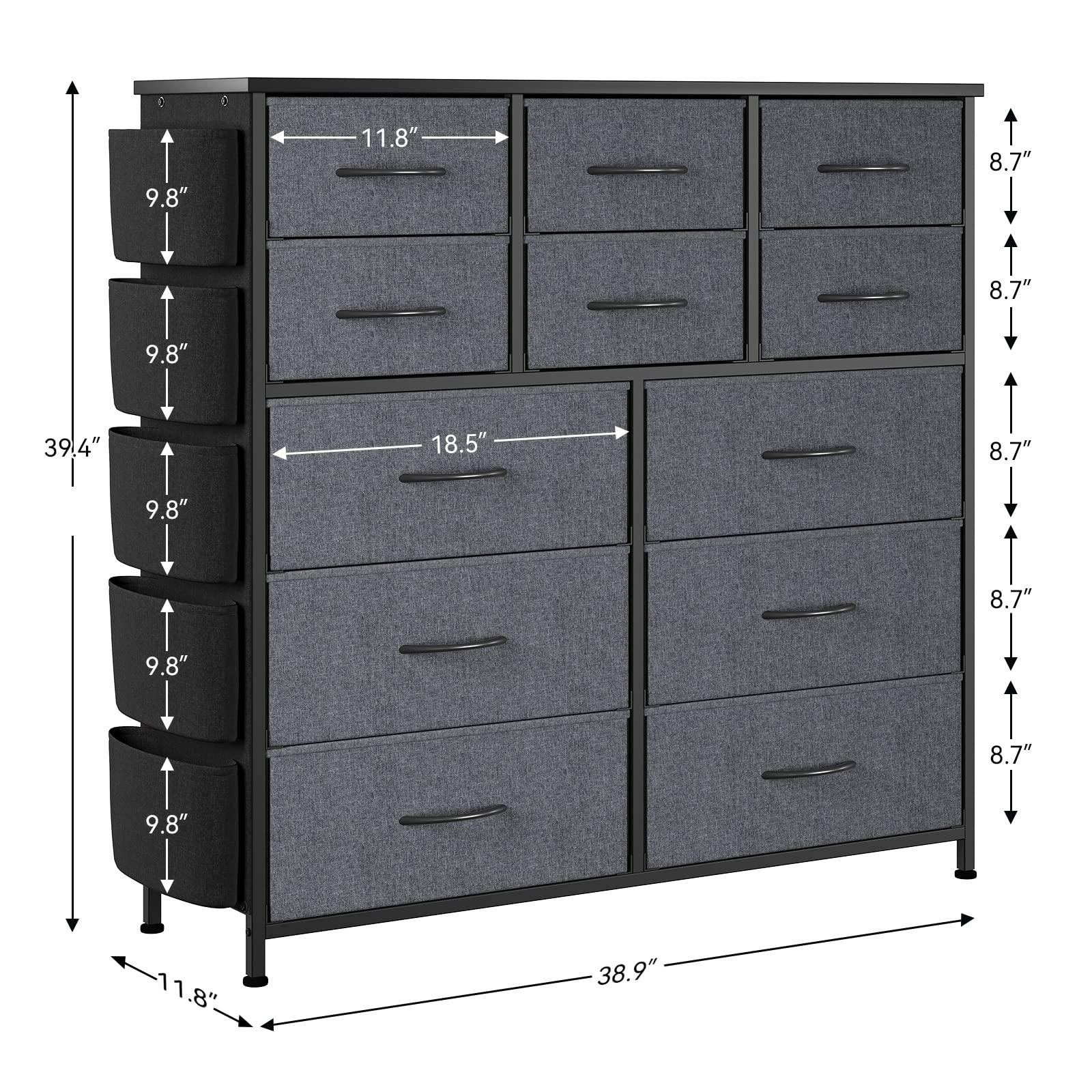 Cassettiera Garvee con 12 cassetti in tessuto, maniglie, struttura in metallo, design industriale, per corridoio, soggiorno, camera da letto, cucina, ufficio, grigio scuro