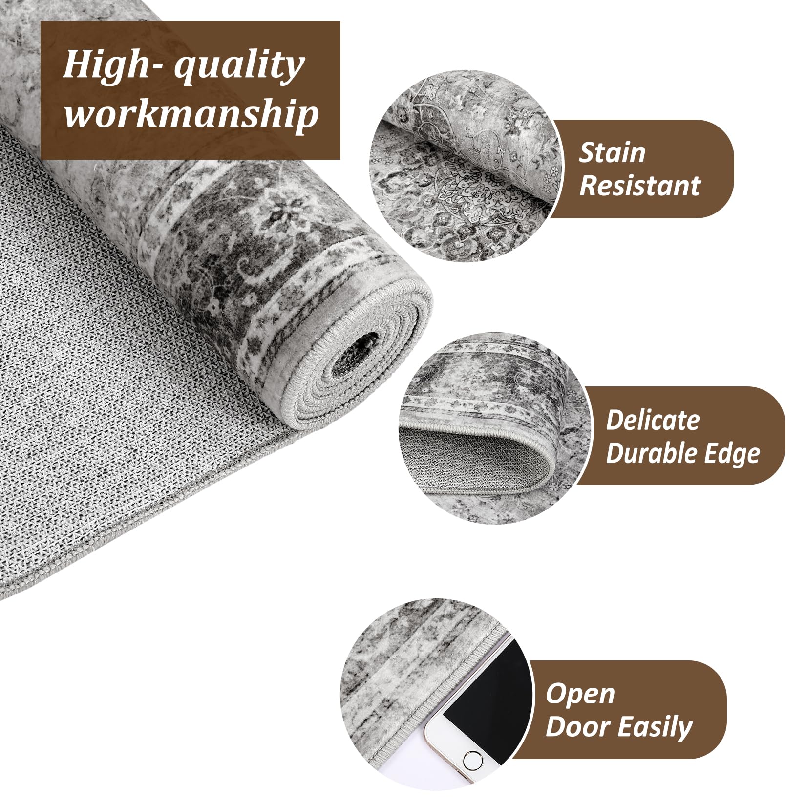 Tappeto vintage lavabile Garvee 160x230cm grigio per soggiorno, camera da letto, sala da pranzo, retrò, pelo corto, antiscivolo