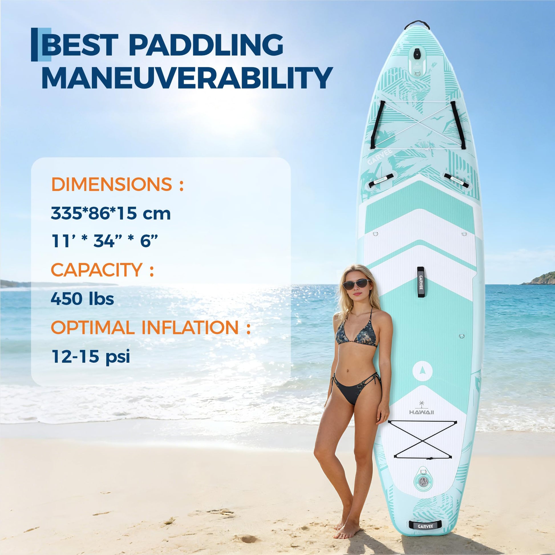 Garvee SUP Board Aufblasbar Mit Universellem Kamerahalter, Pagaia Regolabile, PVC Alta Densità, Blu-Verde Palme, 335x86x15cm Für Yoga Und Pesca