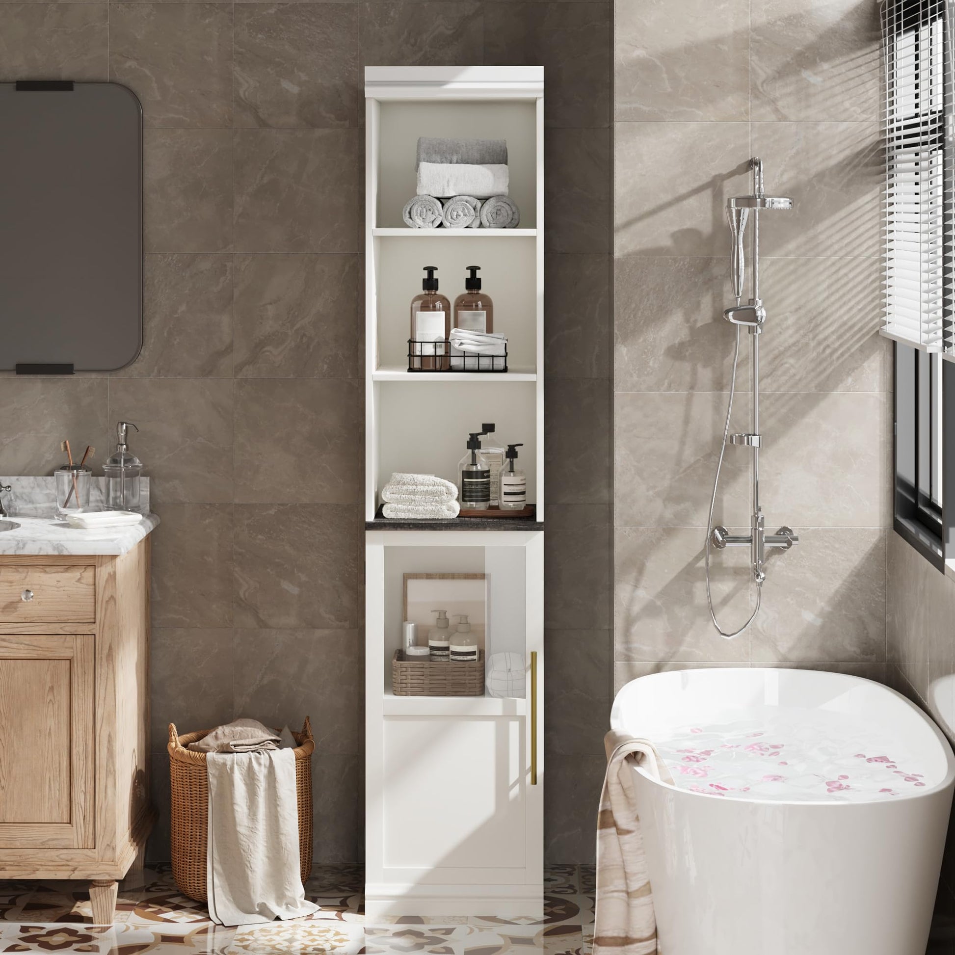 Mobiletto portaoggetti per bagno Garvee da 177.8 cm, stretto, indipendente con anta e ripiani aperti per piccoli spazi, in legno impermeabile