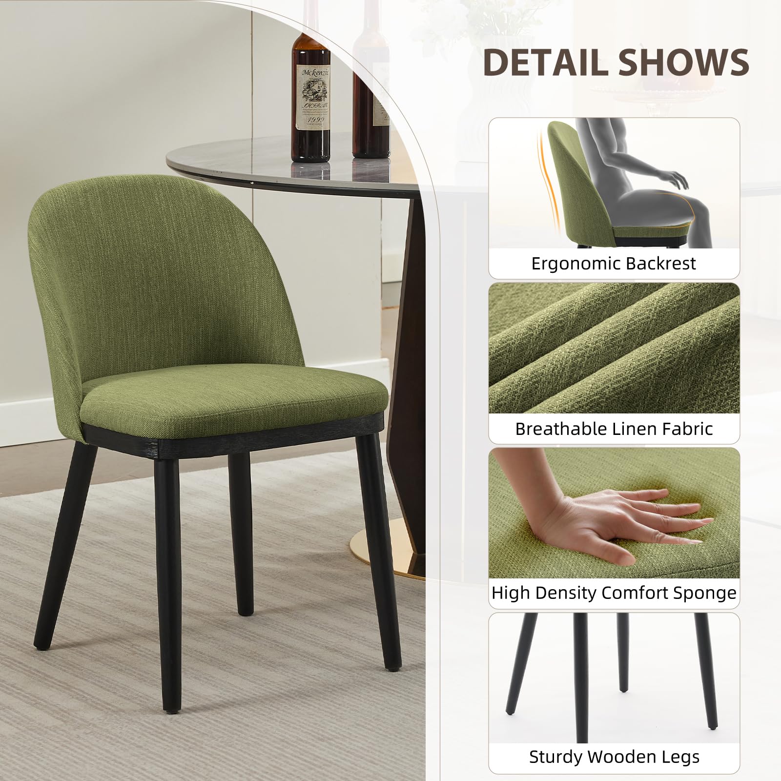 Garvee Modern Dining Chair Set di 2 sedie da pranzo moderne con seduta imbottita in lino, schienale semi-schienale, struttura in legno, piedini regolabili, sala da pranzo verde