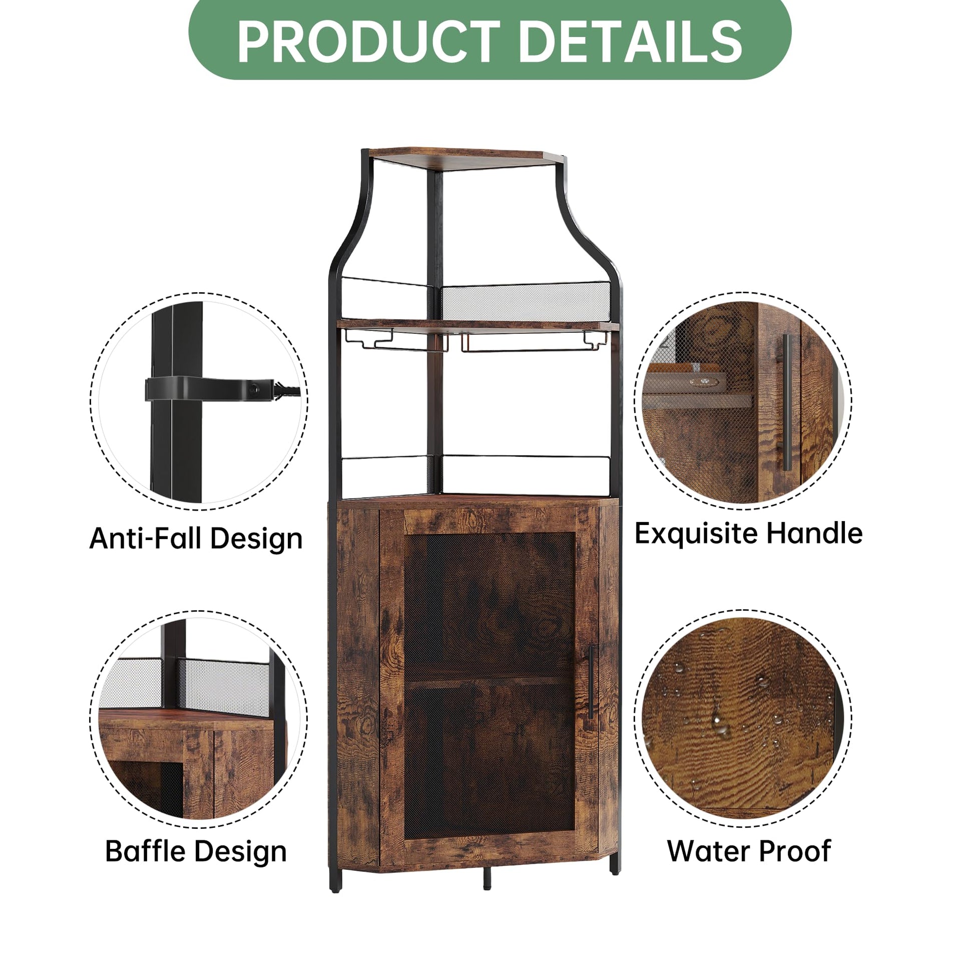 Mobile bar angolare Garvee per liquori con ripiani regolabili, 61 pollici, stile industriale, MDF e metallo, porta a rete, porta bicchieri, indipendente, cucina e soggiorno