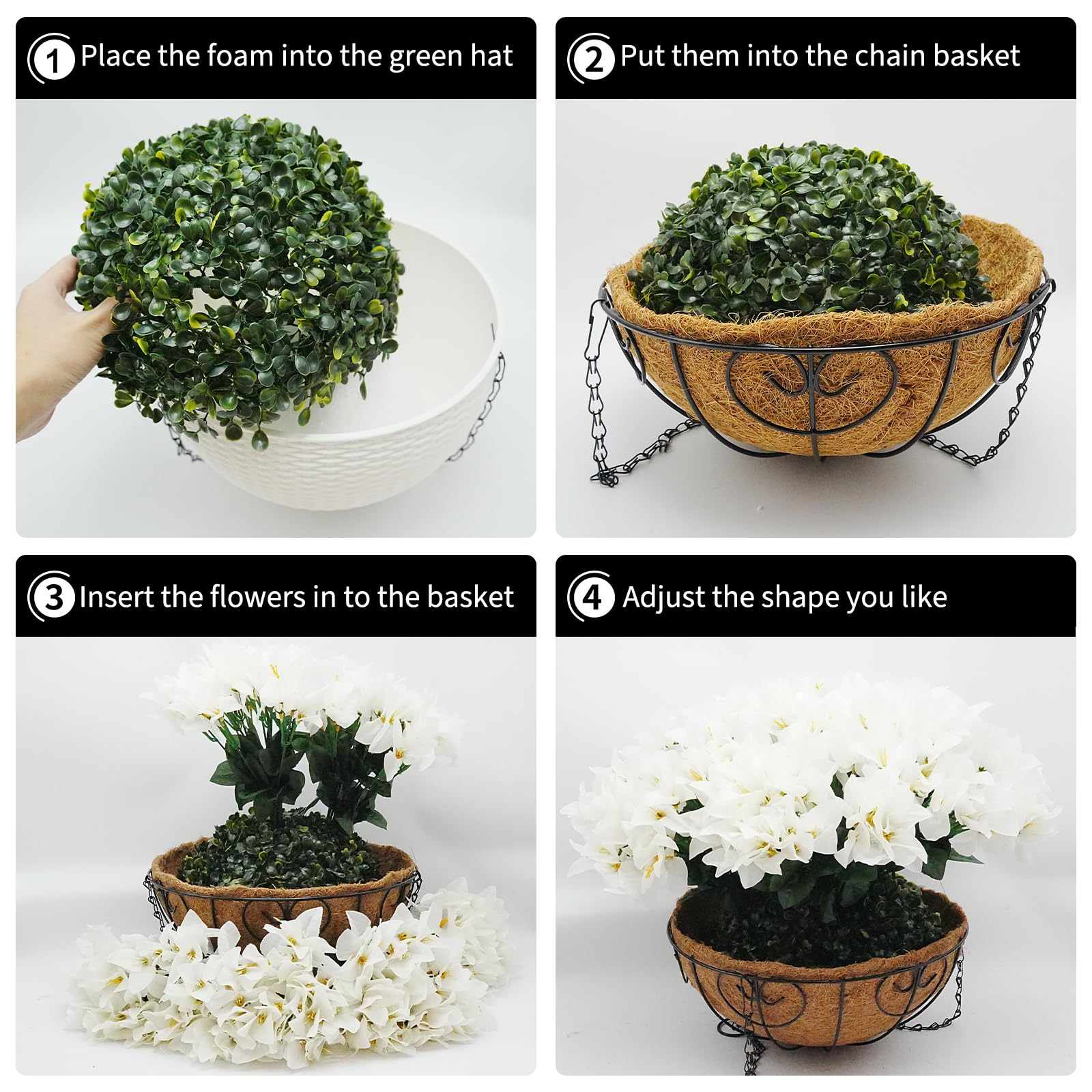 Garvee Set di fiori di bouganville artificiali con cesto marrone per giardino e terrazza, 12 pezzi, resistenti ai raggi UV, resistenti alle intemperie, bianchi e verdi