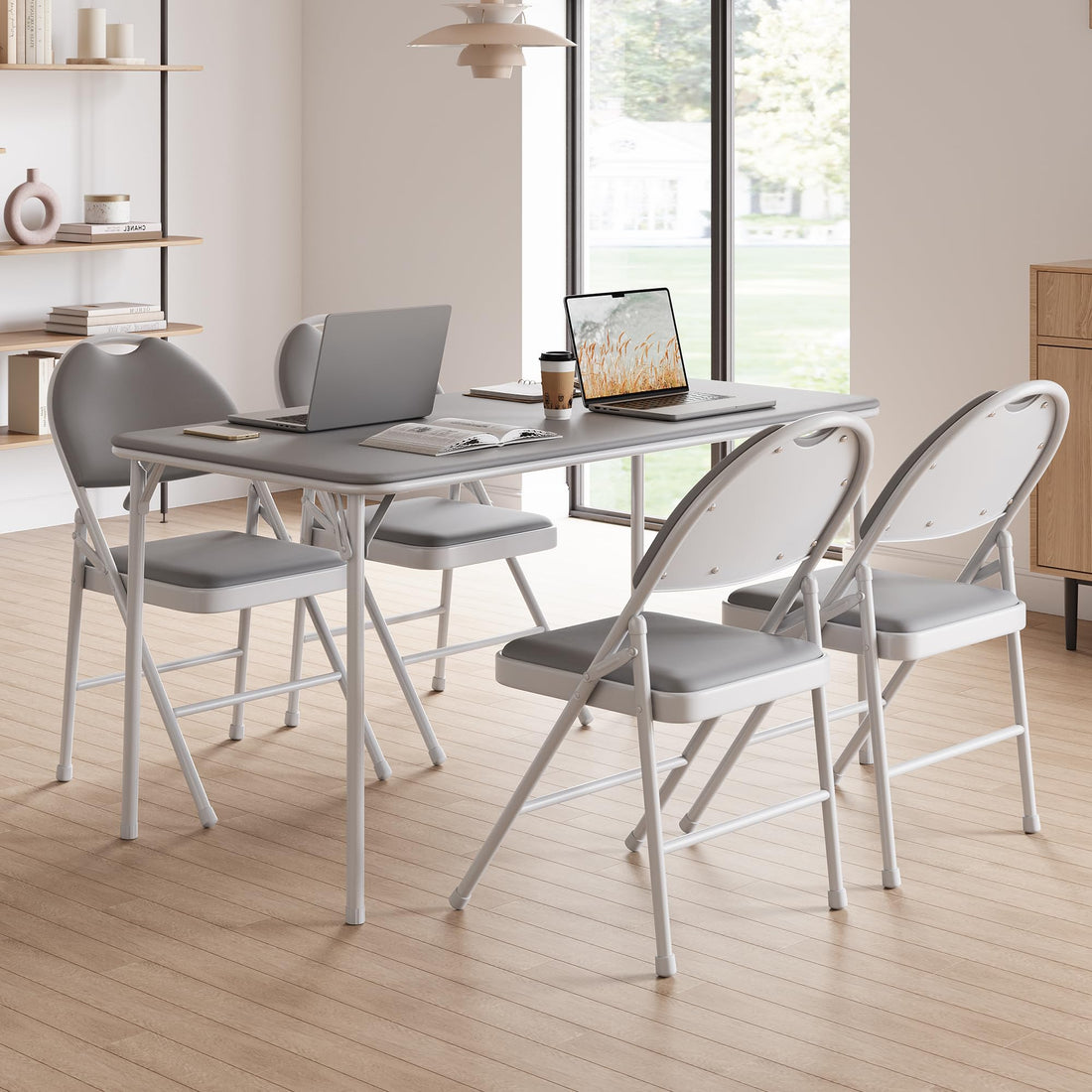 Set di 4 sedie pieghevoli Garvee con imbottitura spessa in PU, viola in metallo, piedini antiscivolo per ufficio ed eventi, grigio, ergonomiche e impilabili