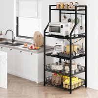 Scaffale da cucina Garvee Bakers Rack con 5 ripiani, 2 cestelli in filo metallico, 8 ganci, robusto MDF e acciaio, nero rustico, versatile per cucina e bar