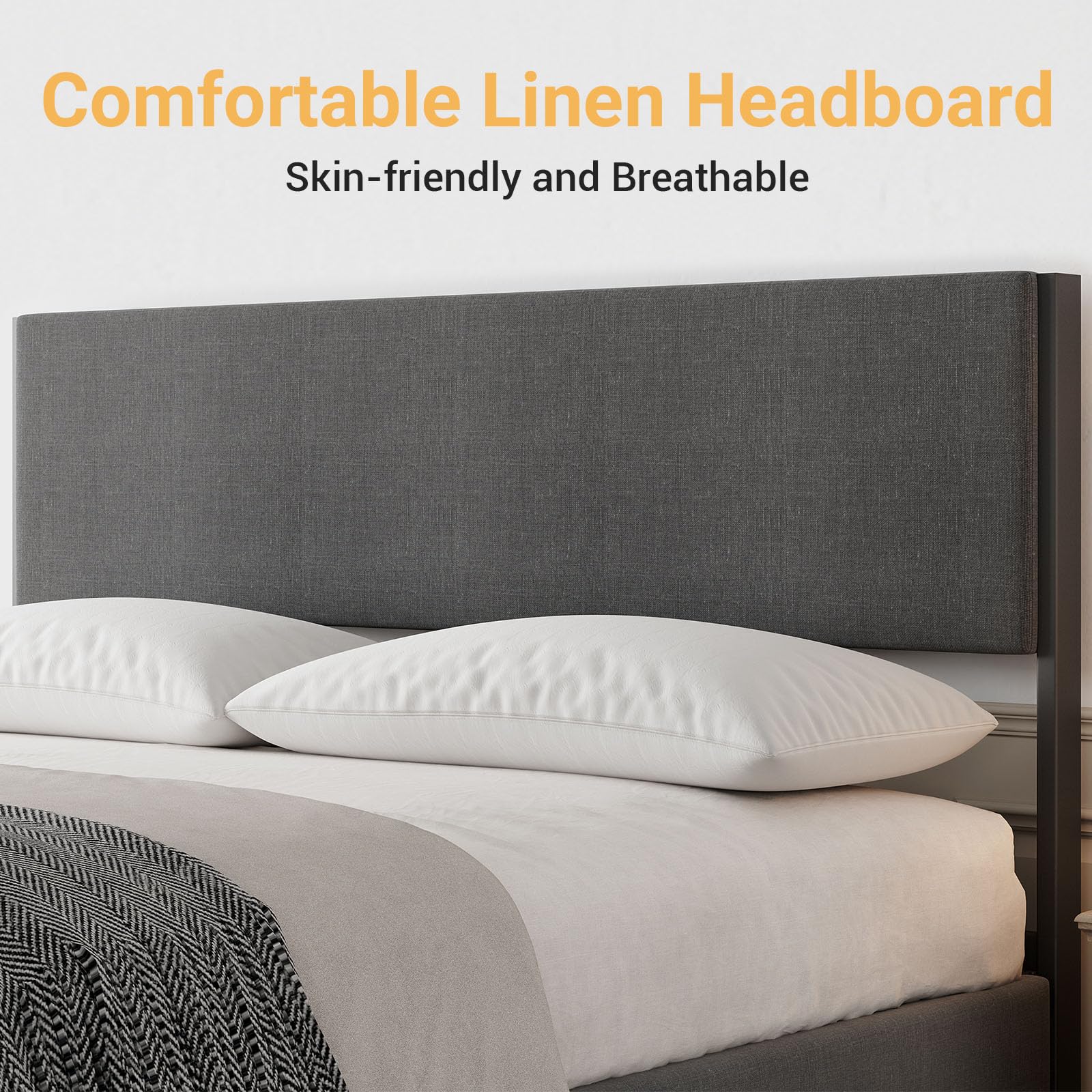 Letto matrimoniale Garvee con testiera, 2 cassetti, doghe in metallo, silenzioso, tessuto in lino grigio, camera da letto