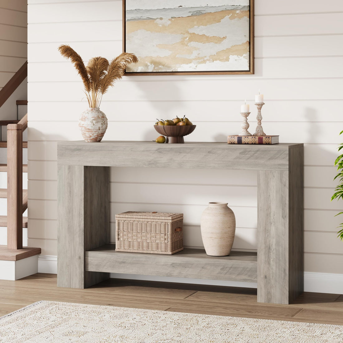 Tavolo consolle Garvee da 47" per corridoio, 2 livelli, legno robusto, rustico, con spazio di archiviazione, soggiorno e ingresso, marrone