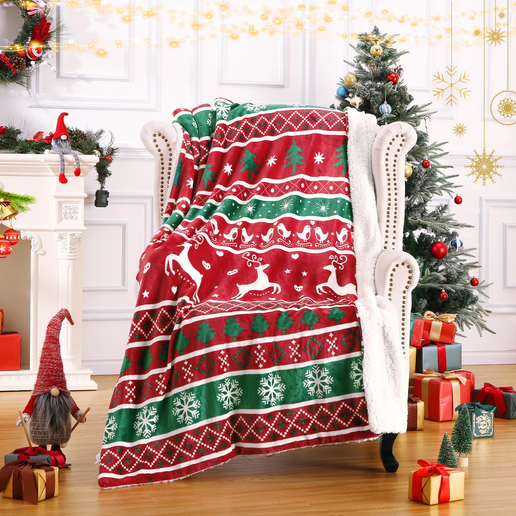 Coperta natalizia Garvee in flanella Sherpa 50x60, rossa, verde, calda e accogliente, reversibile, decorazione per divano.