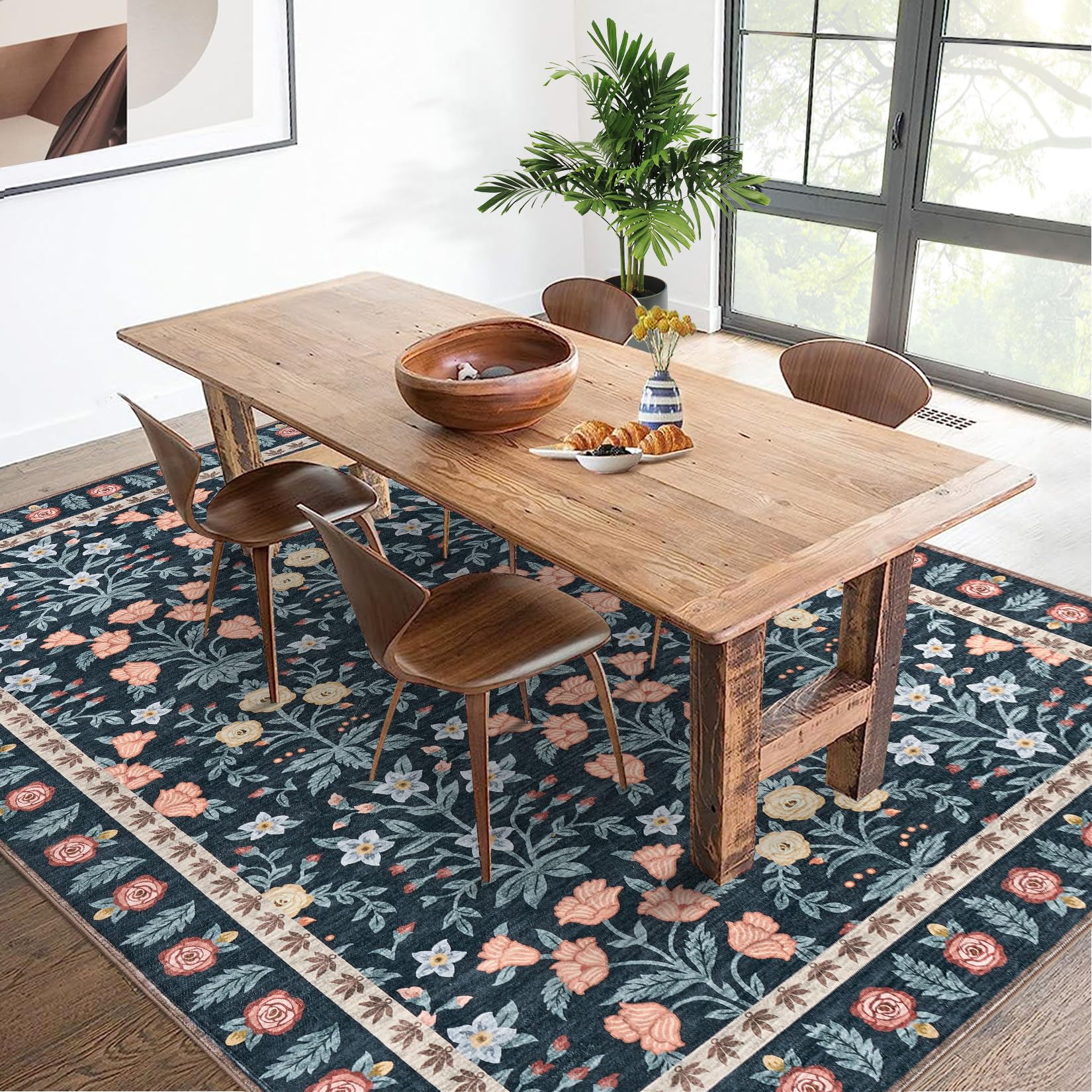 Tappeto decorativo Garvee per interni Boho 160x230cm, tappeto antiscivolo a pelo corto con motivo floreale nero per soggiorno, cameretta dei bambini, sala giochi