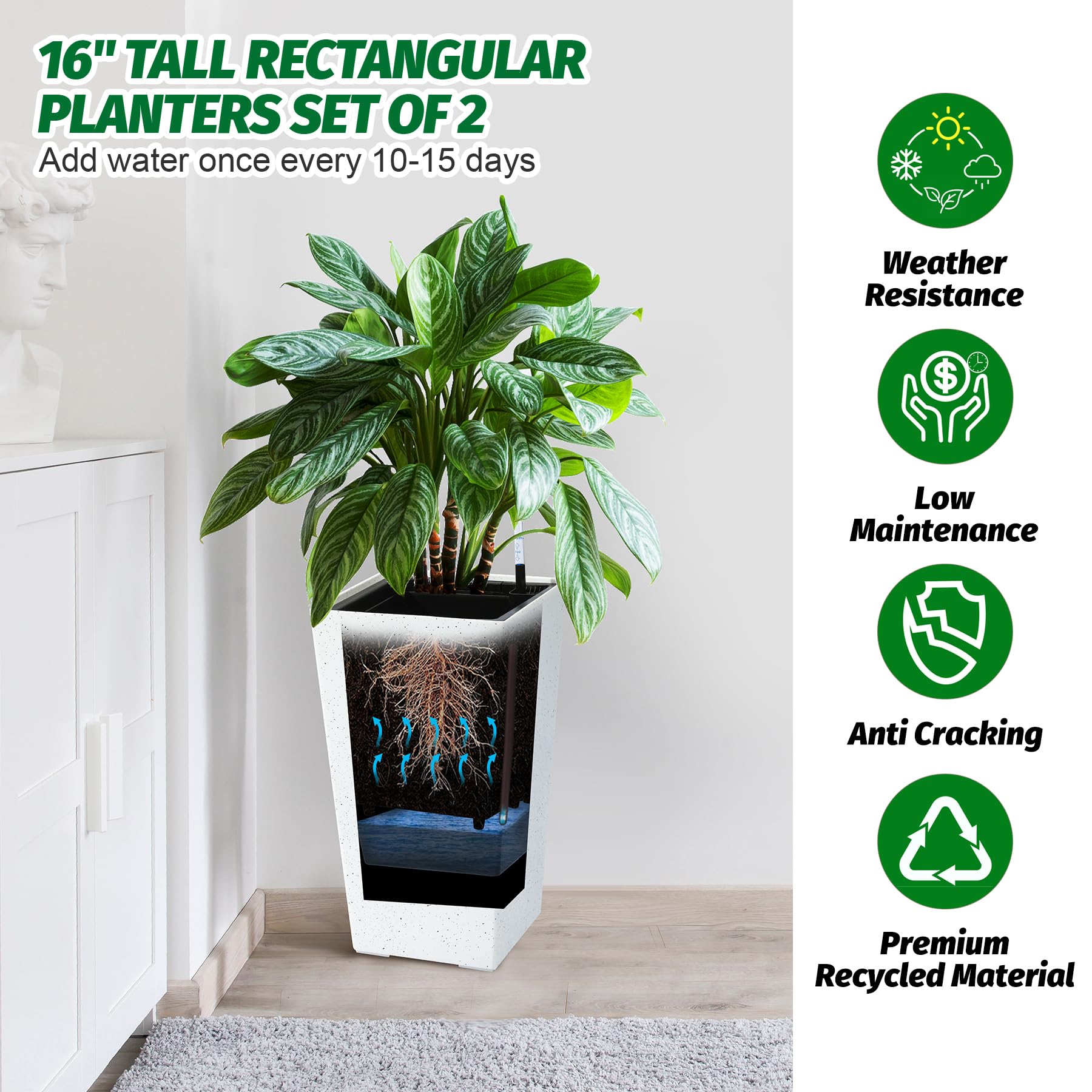 Garvee Set di 2 fioriere old 22.5" con irrigazione automatica e indicatore del livello dell'acqua su balcone e terrazzo, bianco e nero, resistente a tutte le temperature
