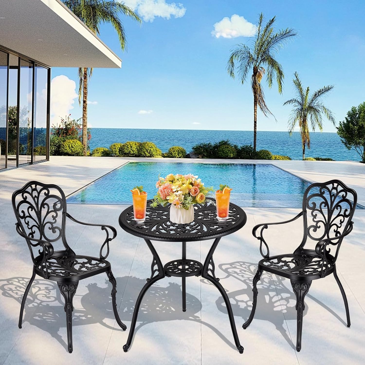 Set da bistrot da esterno Garvee da 3 pezzi, in alluminio, resistente alle intemperie, antiruggine, con foro per ombrellone, mobili da giardino per balcone, nero