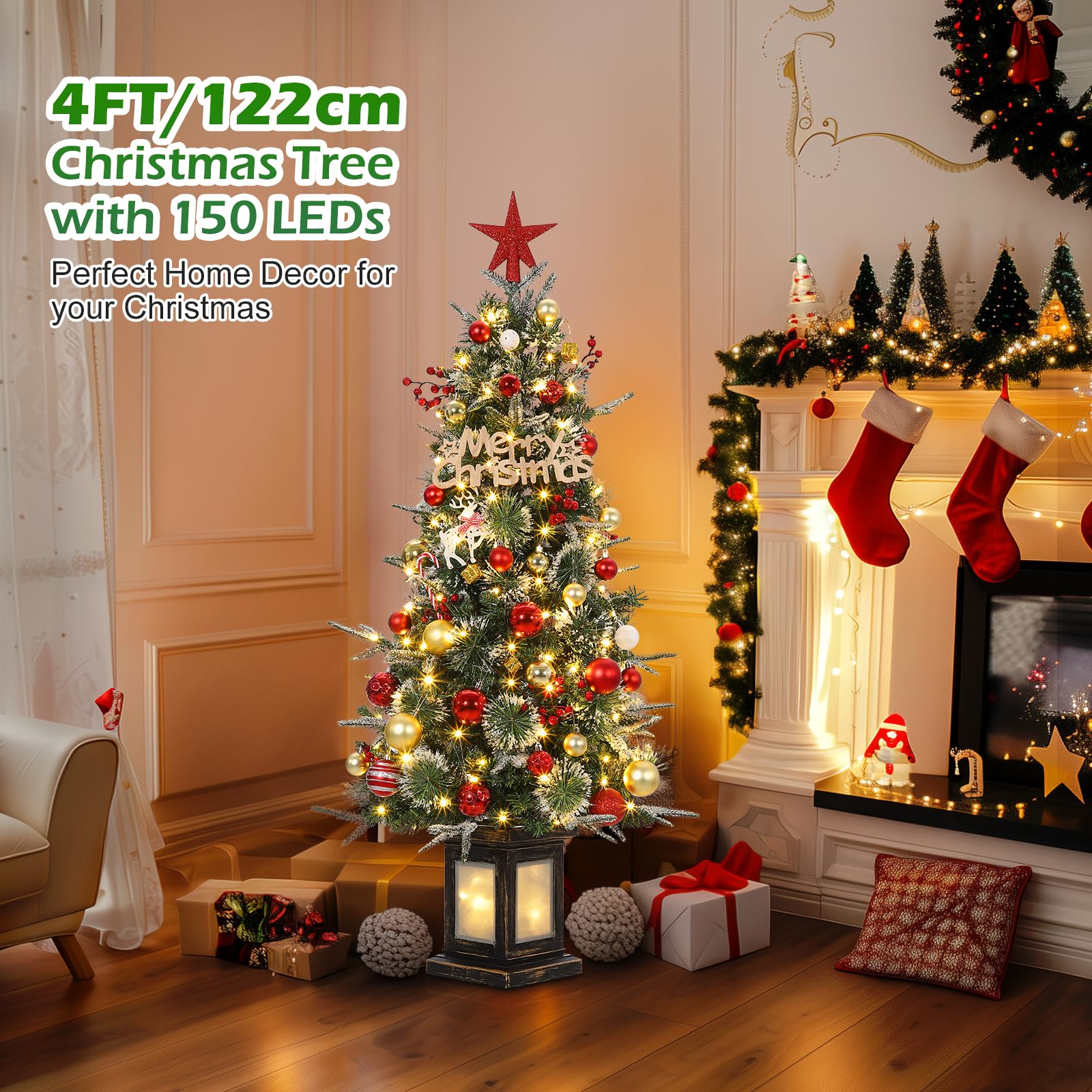 Albero di Natale Artificiale Garvee 4 Piedi con 150 LED Bianco Caldo/Multicolore, 8 Modalità, Fibra Ottica e Base Trasparente