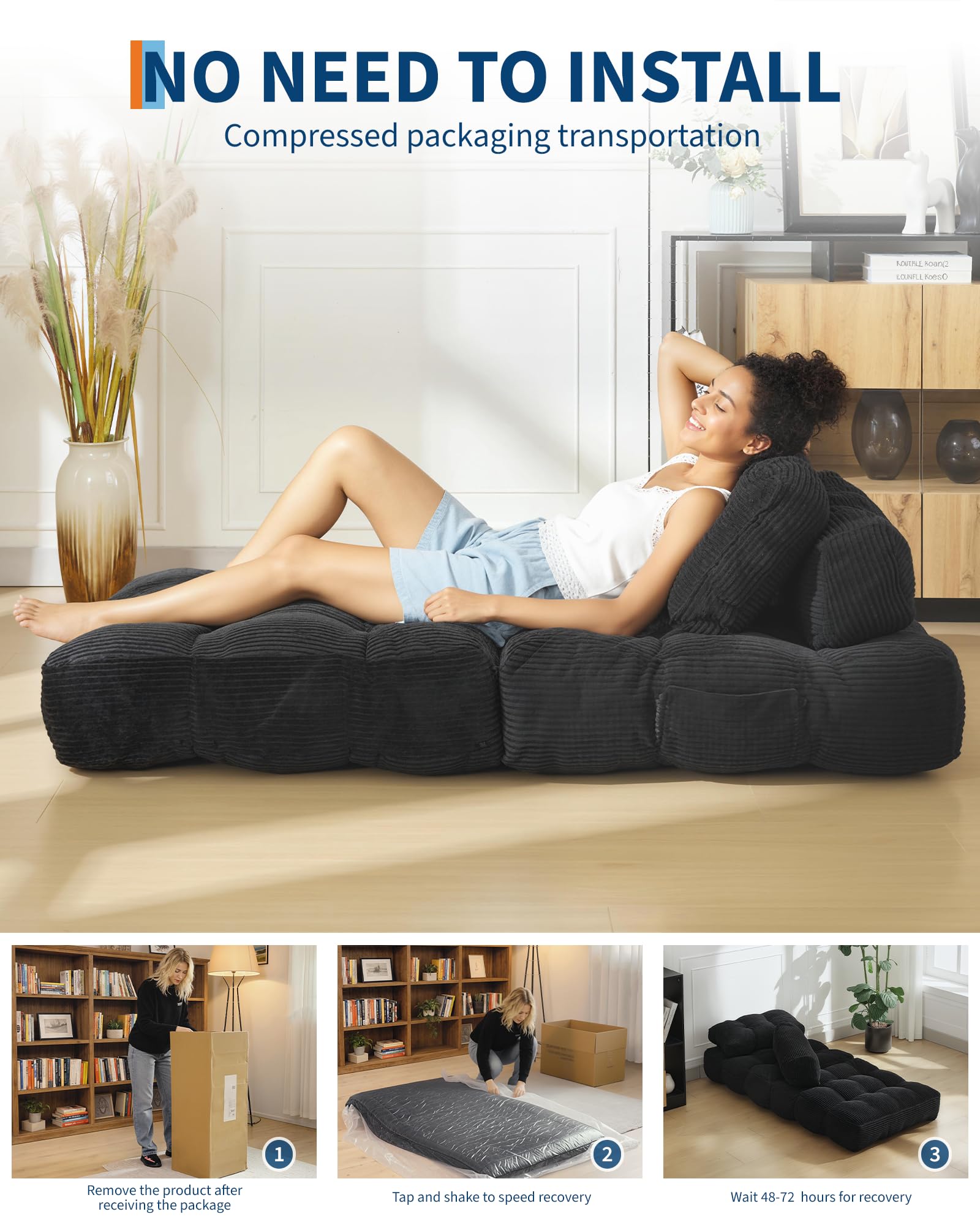 Divano letto pieghevole 3 in 1 Garvee con cuscini, comoda schiuma, tessuto in velluto a coste, nero per soggiorno e camera da letto, salvaspazio