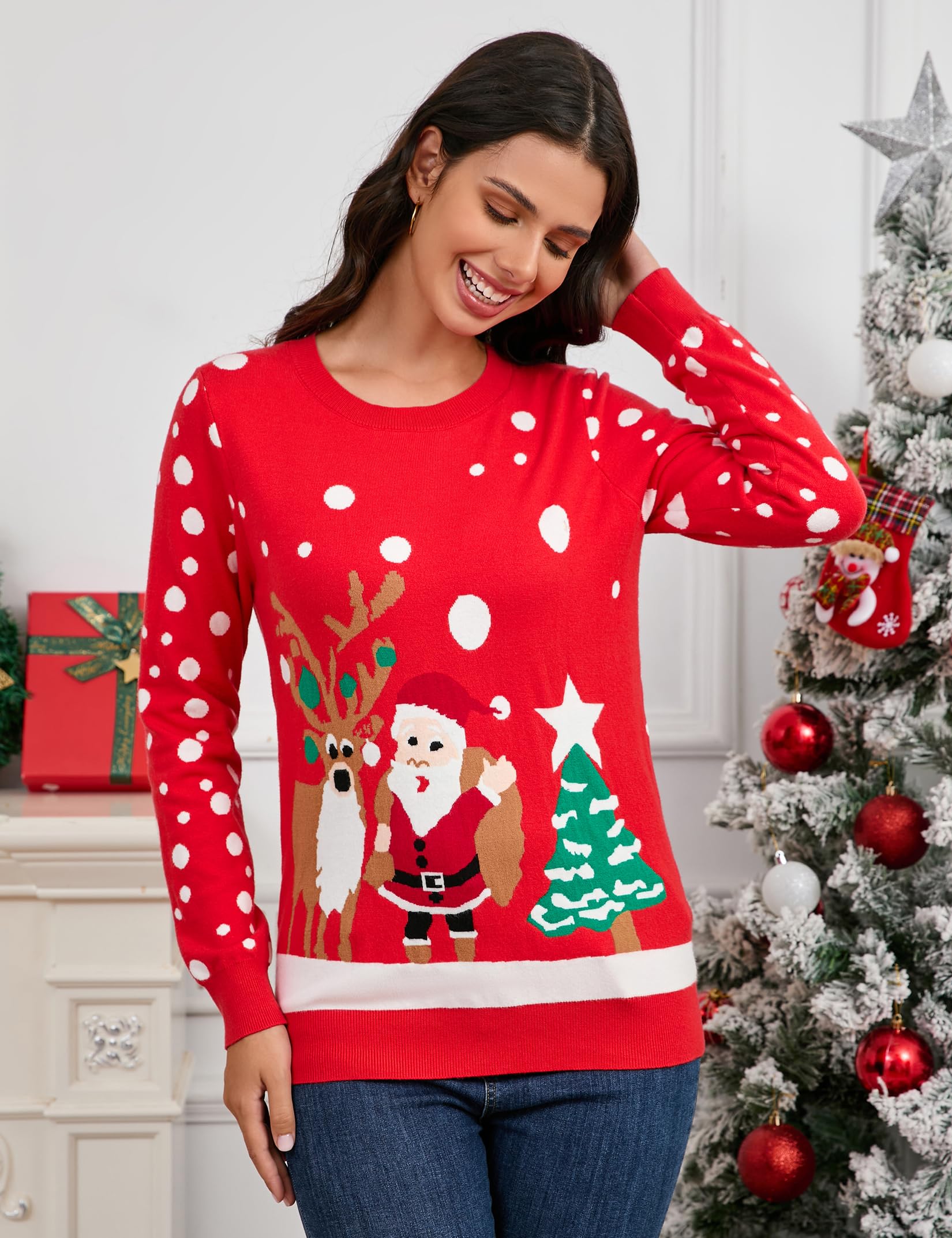 Maglione natalizio da donna Garvee, elegante girocollo a maniche lunghe multicolore