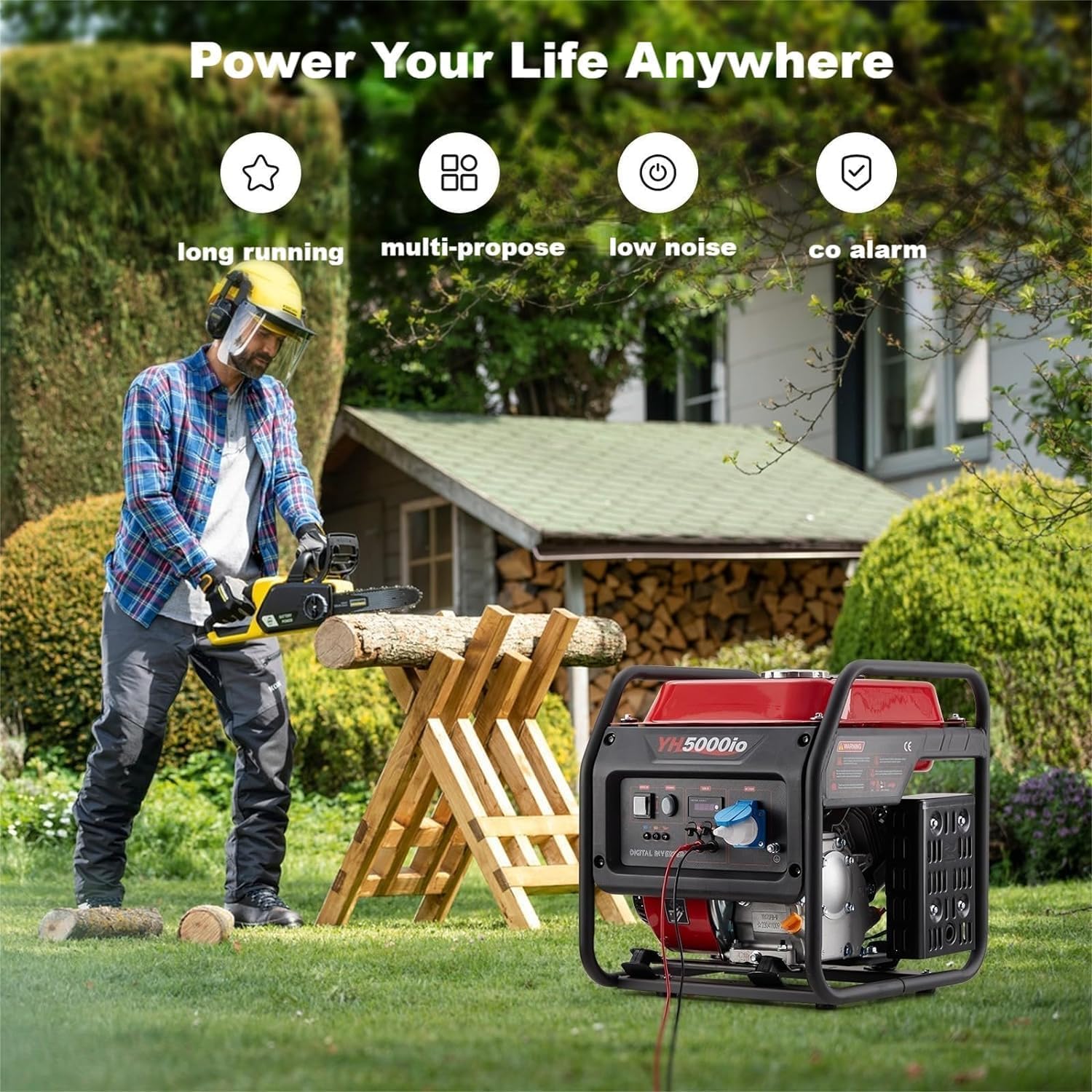 GARVEE Generatore 4000 W Generatore a benzina Silenzioso Presa USB Impermeabile Portatile per Campeggio all'aperto RV Emergenza Nero