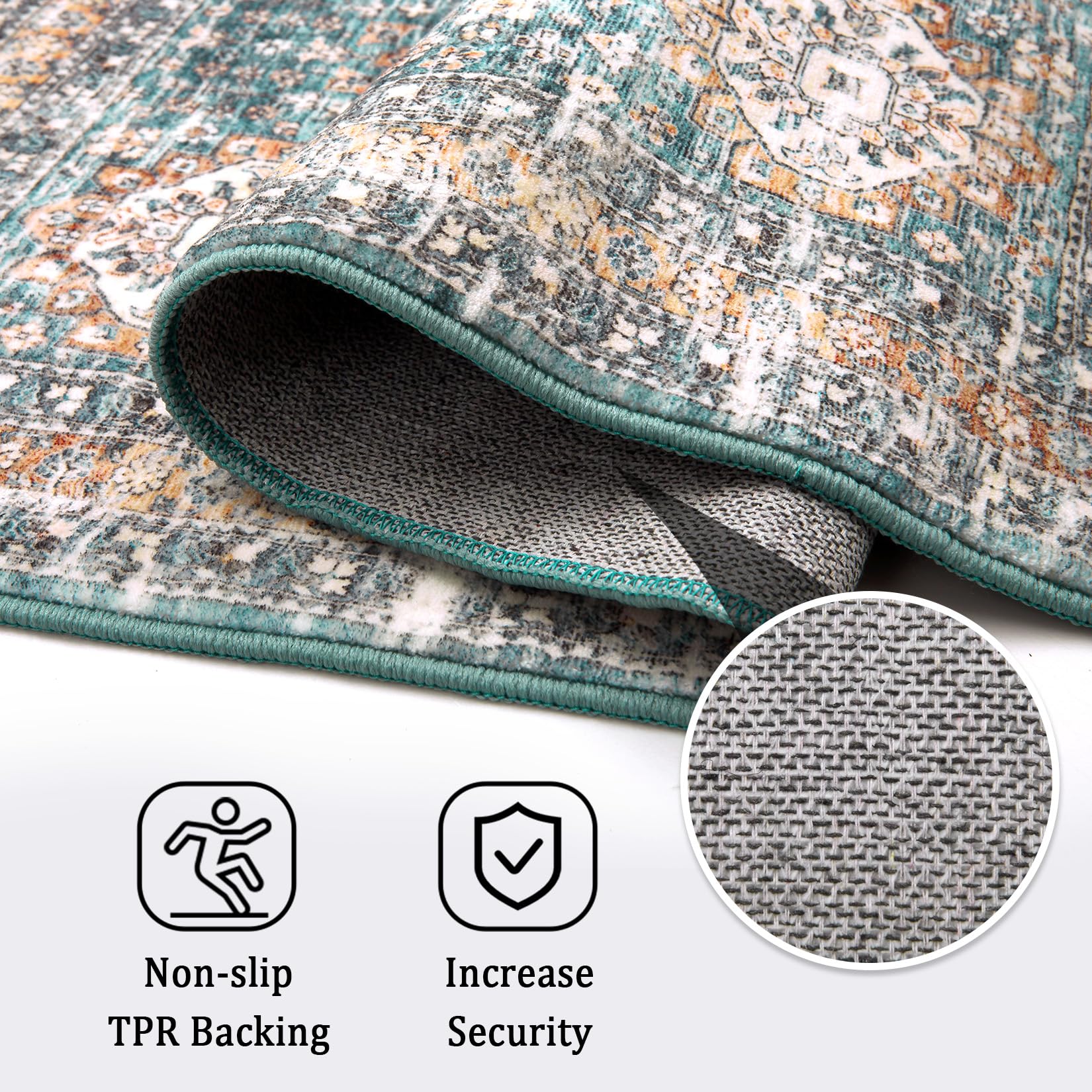 Tappeto vintage Garvee Easy Clean con supporto antiscivolo in TPR per camera da letto e soggiorno, 120x170 cm, verde