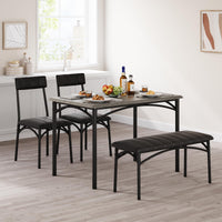 Set da pranzo Garvee per 4 persone con sedie imbottite e panca, tavolo rettangolare in legno, robusto, salvaspazio, MDF e acciaio, stanze piccole, nero