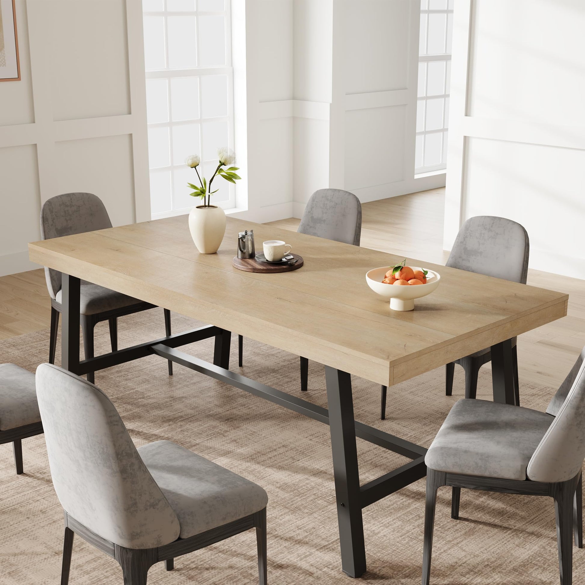 Tavolo da pranzo industriale Garvee per 6-8 persone, struttura in metallo robusto, superficie in MDF marrone rustico, gambe regolabili, 70,87 pollici