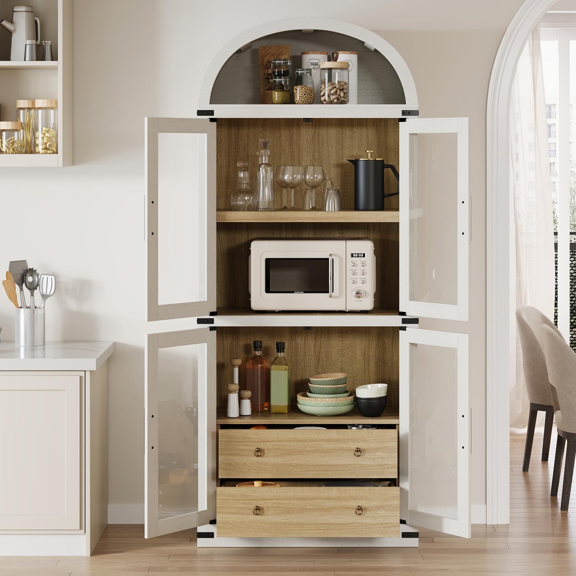 Libreria ad arco Garvee, stile fattoria, con ante e cassetti, per soggiorno e ufficio, alta 180 cm, in legno MDF, angoli in metallo, colore legno naturale.