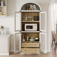 Libreria ad arco Garvee, stile fattoria, con ante e cassetti, per soggiorno e ufficio, alta 180 cm, in legno MDF, angoli in metallo, colore legno naturale.