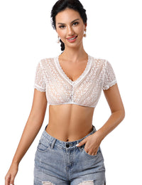 Camicetta Dirndl Garvee da donna, pizzo bianco, scollo a V, manica corta, per l'Oktoberfest, taglia 42, bianco-B
