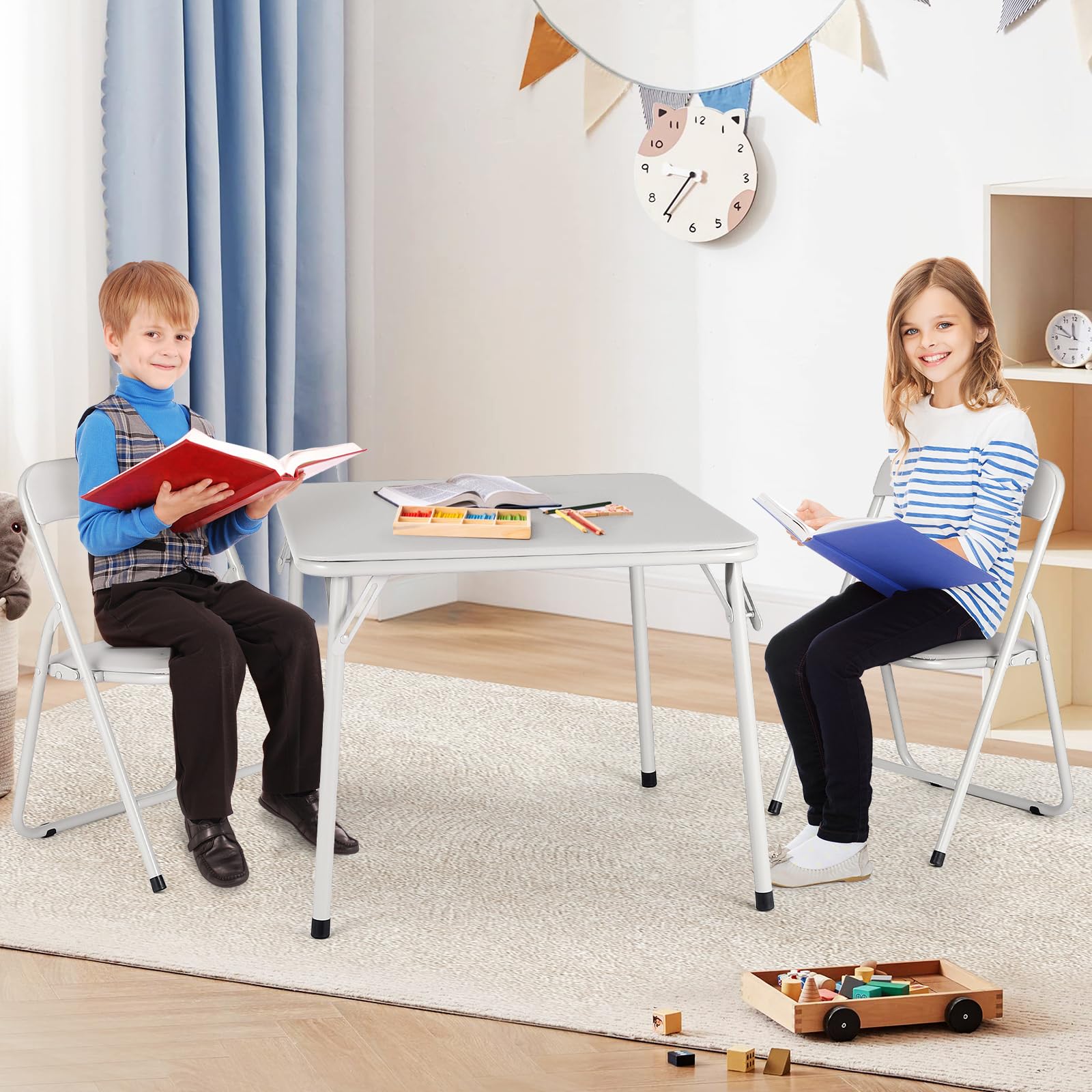 Set tavolo e sedia pieghevoli per bambini Garvee, struttura in metallo, rivestimento in PU, beige, con mangiare e giocare